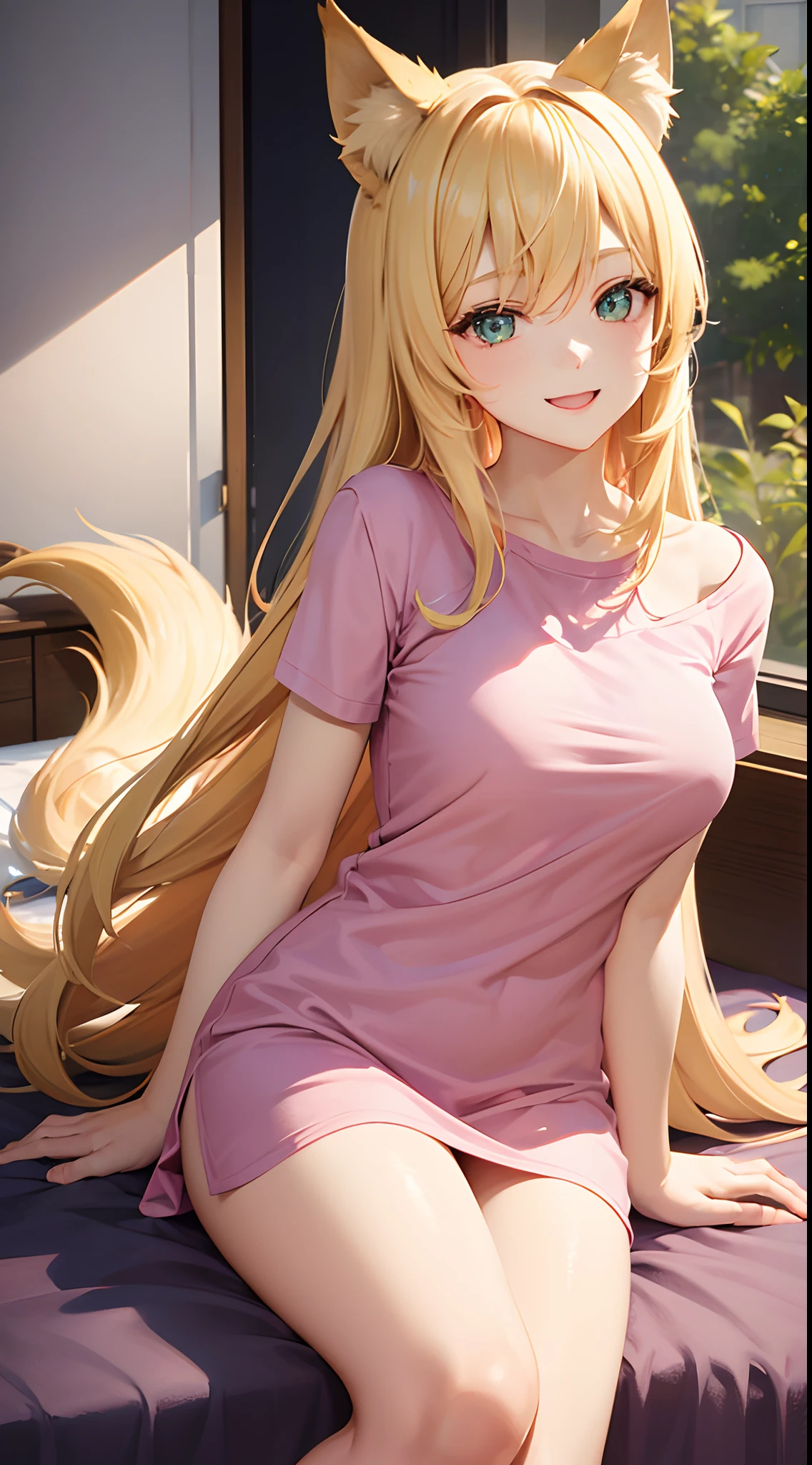 1 girl, long pink t shirt until thighs, home, laying on the bed, lying pose , long blonde hair, green colour eyes, smiling, excited, beautiful, pale skin, perfect body figure, B Cup Size breast 1:3, cute , Wolf ears