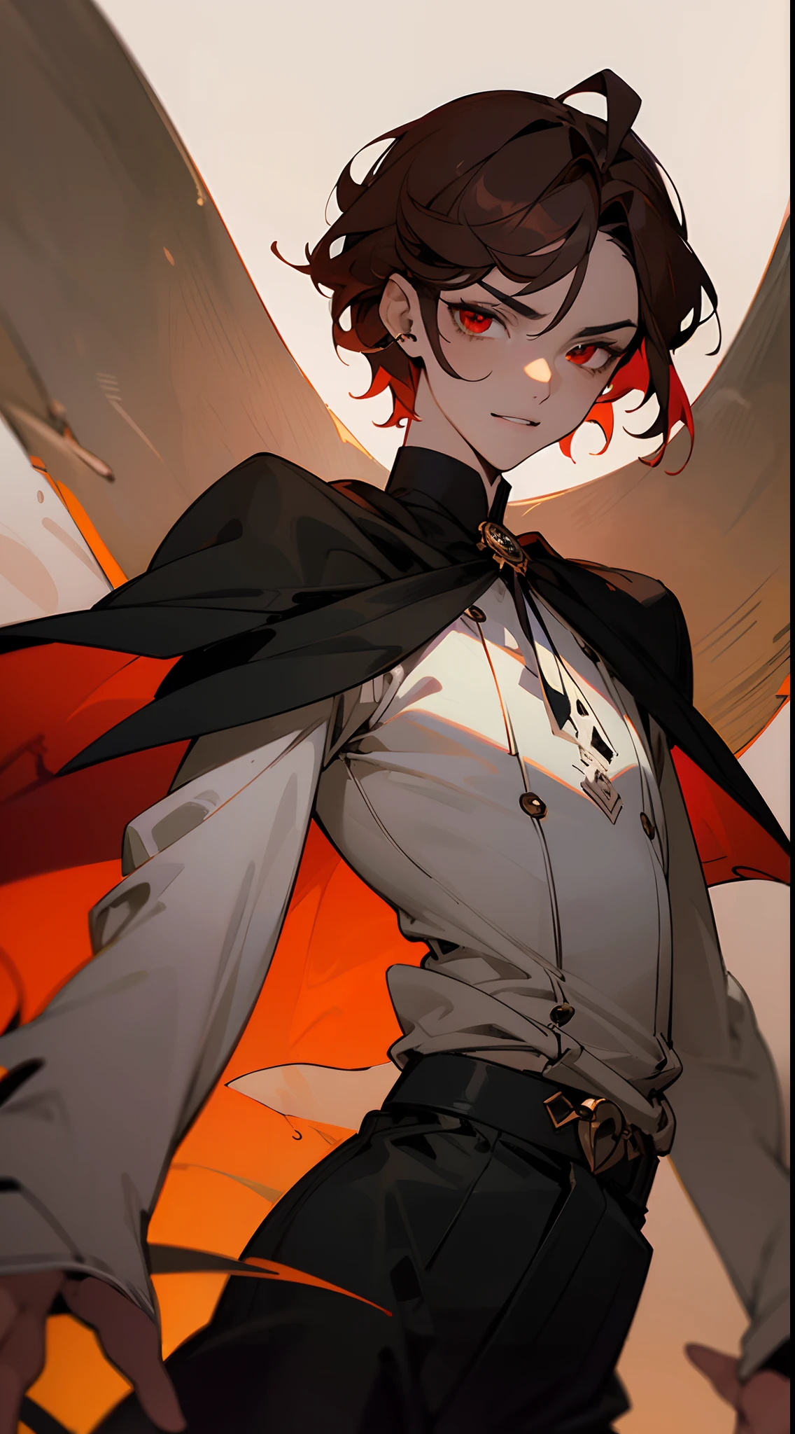 Grim reaper, male, golden crown, face covered, large red staff, red satin wrapped around hilt, ninja outfit