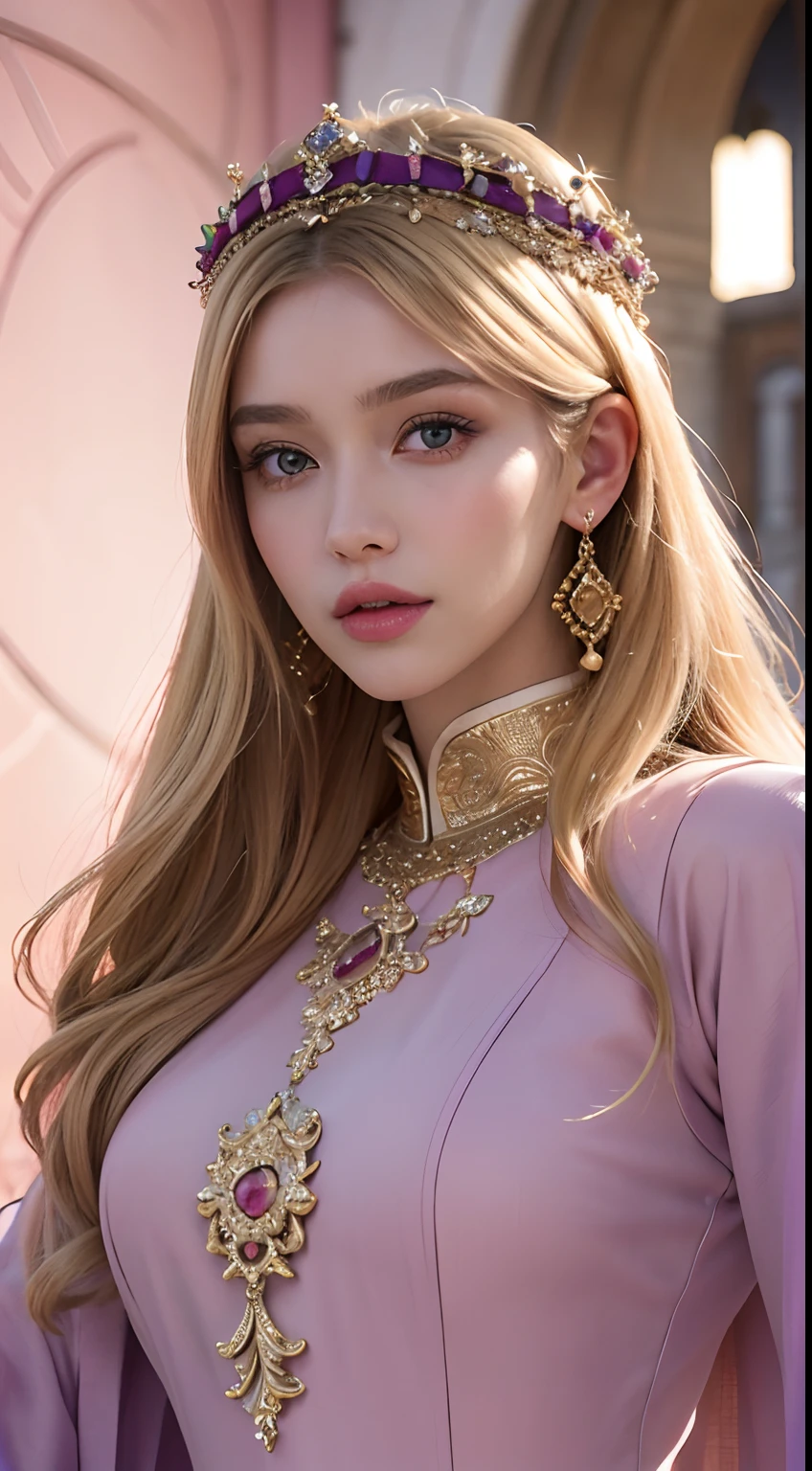 (master piece: 1.3), (8k, photoreallistic, Photo brute, beste-Qualit: 1.4), (1fille), beau visage, (realistic face), (cheveux rouges , cheveux long blond1.3), belle coiffure, Realistic Crystal Brilliant Brilliant Bright Bright Eyes, beautiful detailed eyes brilliant European beauty, (realistic skin), belle peau, (tirer), absurdes, attrayant, ultra highres, ultra realist, highly detailed, Golden number wearing a Moroccan Islamic caftan outfit half pink half purple