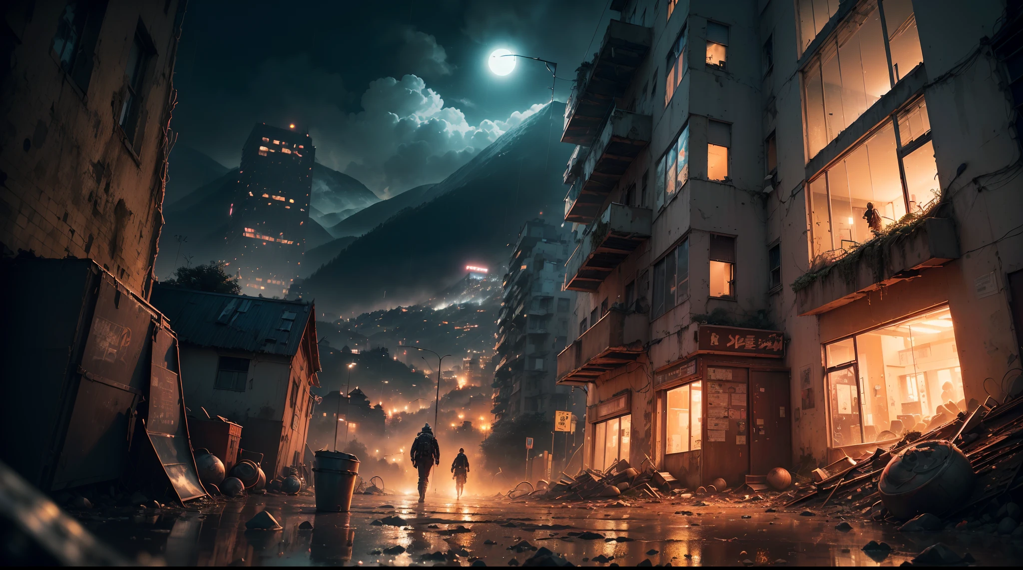 (((Artistic Image, metade da imagem com (Cena surreal com um piano de cauda em meio a paredes desmoronadas, Piano de cauda com telhado), metade da imagem com ((Opening to an abandoned nighttime metropolis with skyscraper in the rain), ((Chove na cidade):1.5), (deteriorated skyscraper), ( Skyscraper with silt), ( Skyscraper with rust), ((Antecedentes com o DEPH):1.5), A dreamlike atmosphere is created by softly lit architectural details, The piano is a symbol of timeless beauty in the midst of decadence, Pintura Digital com Elementos do Impressionismo, High detail, tiro grande angular, Adding a dash of mystery to the composition))), (Rastreamento de caminho), (Cyberpunk), (Post apocalyptic), 16k, UHD, max quality, Max Resolution, ultrarrealista |, ultra-detalhado