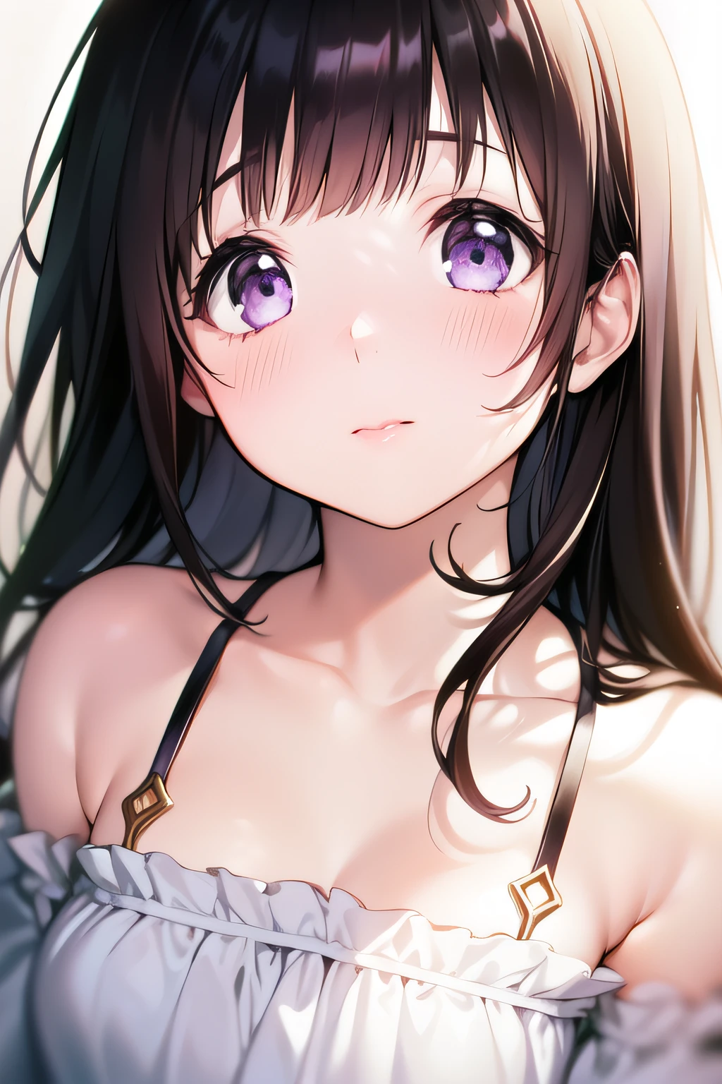 (Chitanda_eru), solo, (masterpiece):1.2, best quality, intricate details, super fine, 4k, high_definition, (beautiful detailed adult face), purple_eyes, (finely_detailed_anime_beautiful_eyes): 1.2, [bald: long_hair: 0.2], [flat_chest: small_breasts: 0.4], narrow_shoulders, (dark_hair, wavy_hair, bangs): 1.5, (((cloth_shop)), (soft_smile, blush): 1.2, (thick_eyelashes): 1.2, (garterbelts): 1.3,  extremely_delicate, straight_facial features, peerless_beautiful_girl, dreamy_quality, exaggerated_facial_features, solid_color, close_bright_lips, slender_waist, soft_curves, real_moving, real_light_and_shadow