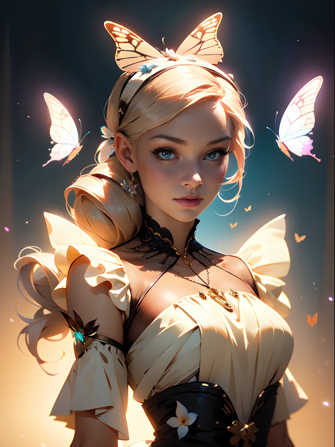 a woman with a bow on her head and a dress on her body, with a butterfly on her shoulder, Charlie Bowater, rossdraws global illumination, a character portrait, fantasy art,satin dress,, detailed skin texture, (blush:0.5), (goosebumps:0.5), subsurface scattering, facing the camera, looking forward, body and head straight forward, looking at the viewer