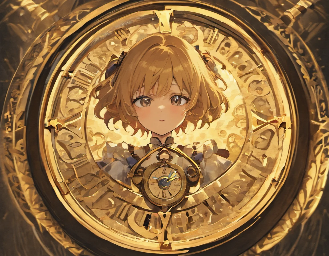 The Antique Pocket Watch: A close-up image of the mysterious golden pocket watch that inside it has Gabrielly's picture (5 anos, cabelos pretos e olhos pretos) found on the floor of a street at night,chuvendo, with details of antique symbols and engravings.
