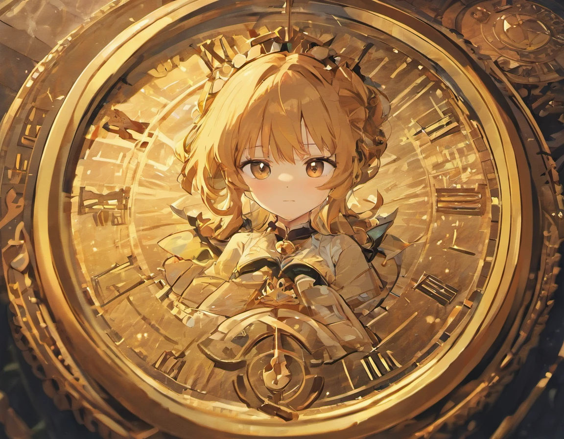 The Antique Pocket Watch: A close-up image of the mysterious golden pocket watch that inside it has Gabrielly's picture (5 anos, cabelos pretos e olhos pretos) found on the floor of a street at night,chuvendo, with details of antique symbols and engravings.