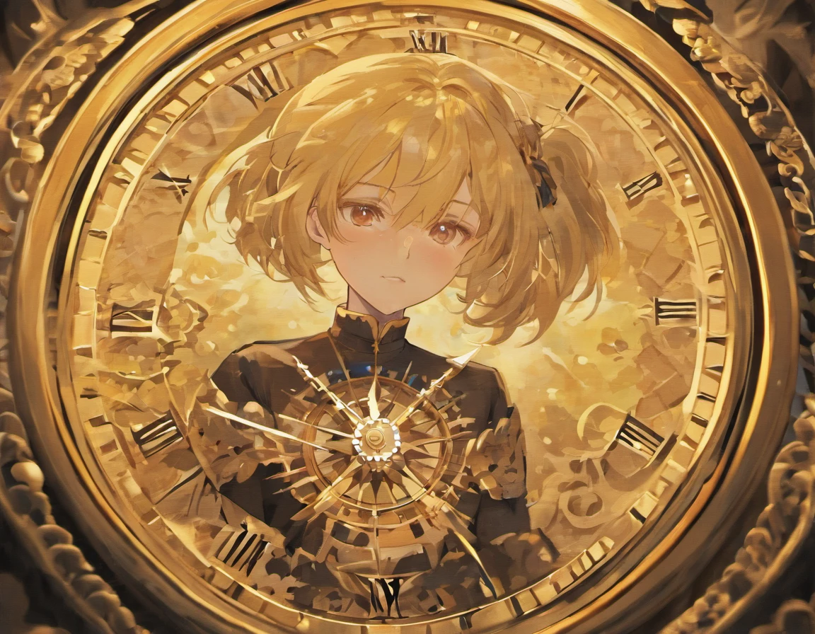 The Antique Pocket Watch: A close-up image of the mysterious golden pocket watch that inside it has Gabrielly's picture (5 anos, cabelos pretos e olhos pretos) found on the floor of a street at night,chuvendo, with details of antique symbols and engravings.
