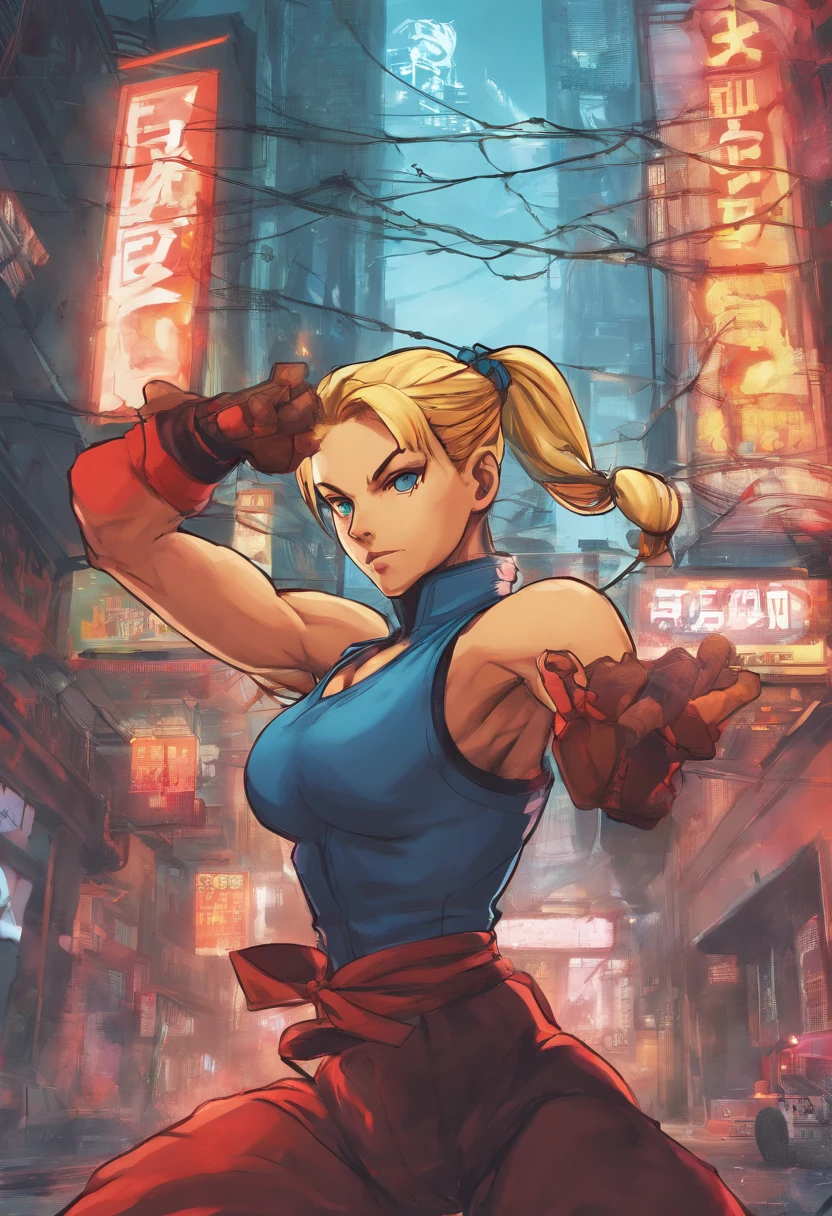 female cammy white in the city,  Perfect toned Body, Perfect face, Perfect hands, Perfect, Legs, street detailed and Intricated, bioluminicense, HD