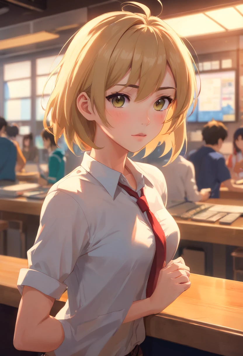 professional, (4k photo:1.1) by (Jeremy Lipking:0.3), (Dittmann Anna:0.3), (Arian Mark:0.3), (Sharp focus:1.3), high detail, wearing (tight shirt:1.2), beautiful detailed face, hazel eyes, short blonde hair, (attractive young woman:1.3), (seductive:1.1), (blushing:1.1), hourglass body shape, natural breasts, wide hips