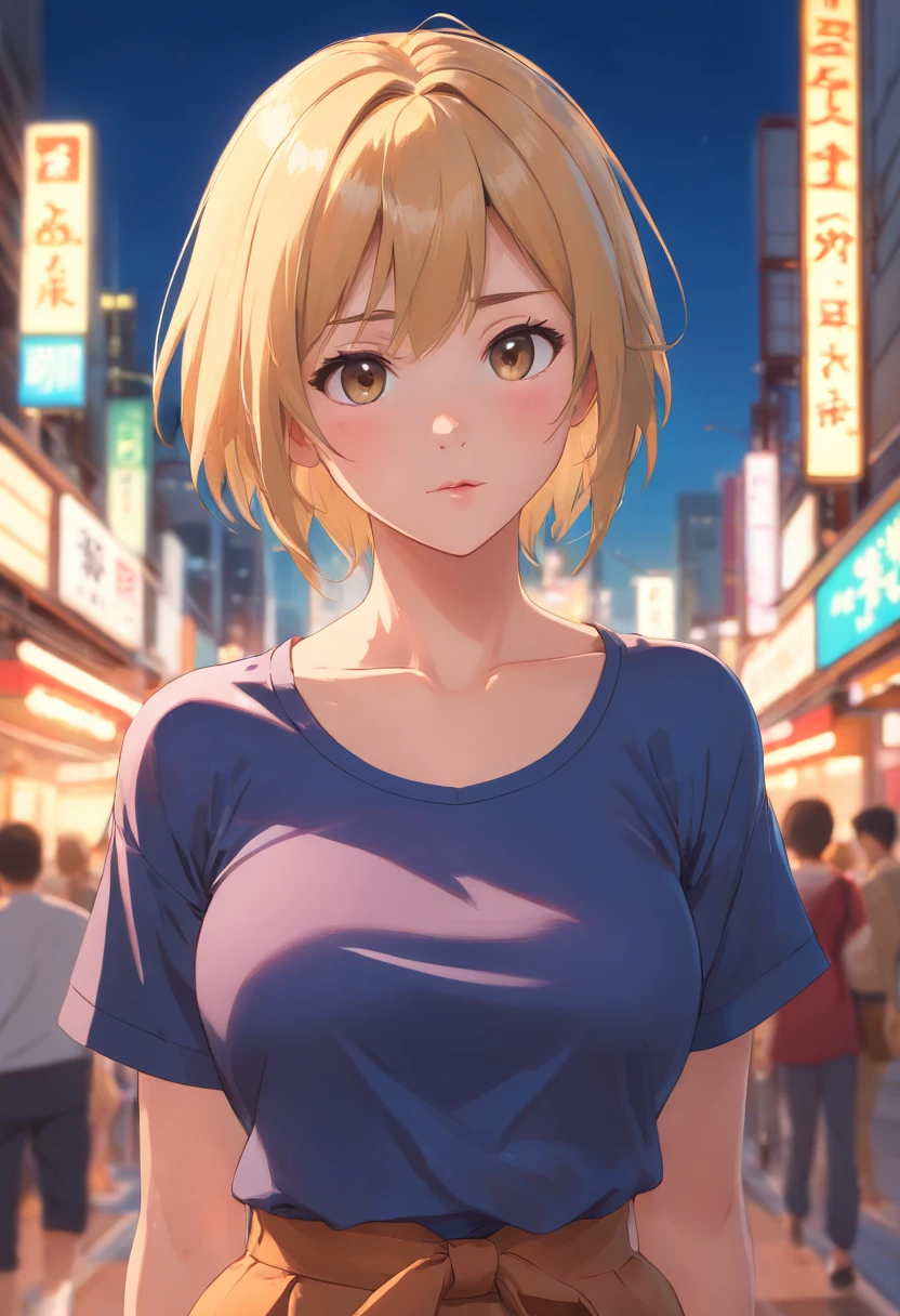 professional, (4k photo:1.1) by (Jeremy Lipking:0.3), (Dittmann Anna:0.3), (Arian Mark:0.3), (Sharp focus:1.3), high detail, wearing (tight shirt:1.2), beautiful detailed face, hazel eyes, short blonde hair, (attractive young woman:1.3), (seductive:1.1), (blushing:1.1), hourglass body shape, natural breasts, wide hips