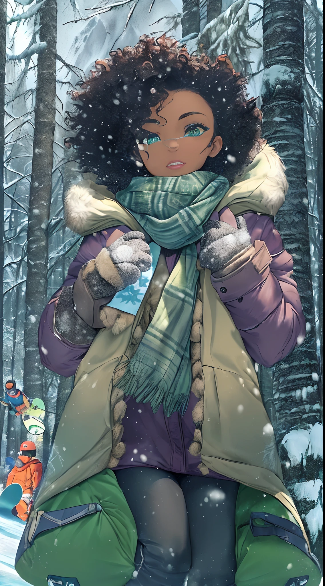 ((((Masterpiece, hiquality, absurdress) 1Woman, black hair, curly hair, Afro-curly hair, Green eyes, a perfect face, the perfect body, big breastes, short stature, very dark skin, 独奏, ((Best Quality)), ((Masterpiece)), (Detailed:1.4), Detailed eyes and face, winter, snowing, snowman, winter down jacket, ski pants, bonnet, Winter gloves, a scarf, Snowboarding, mountains, woods, Frozen lake