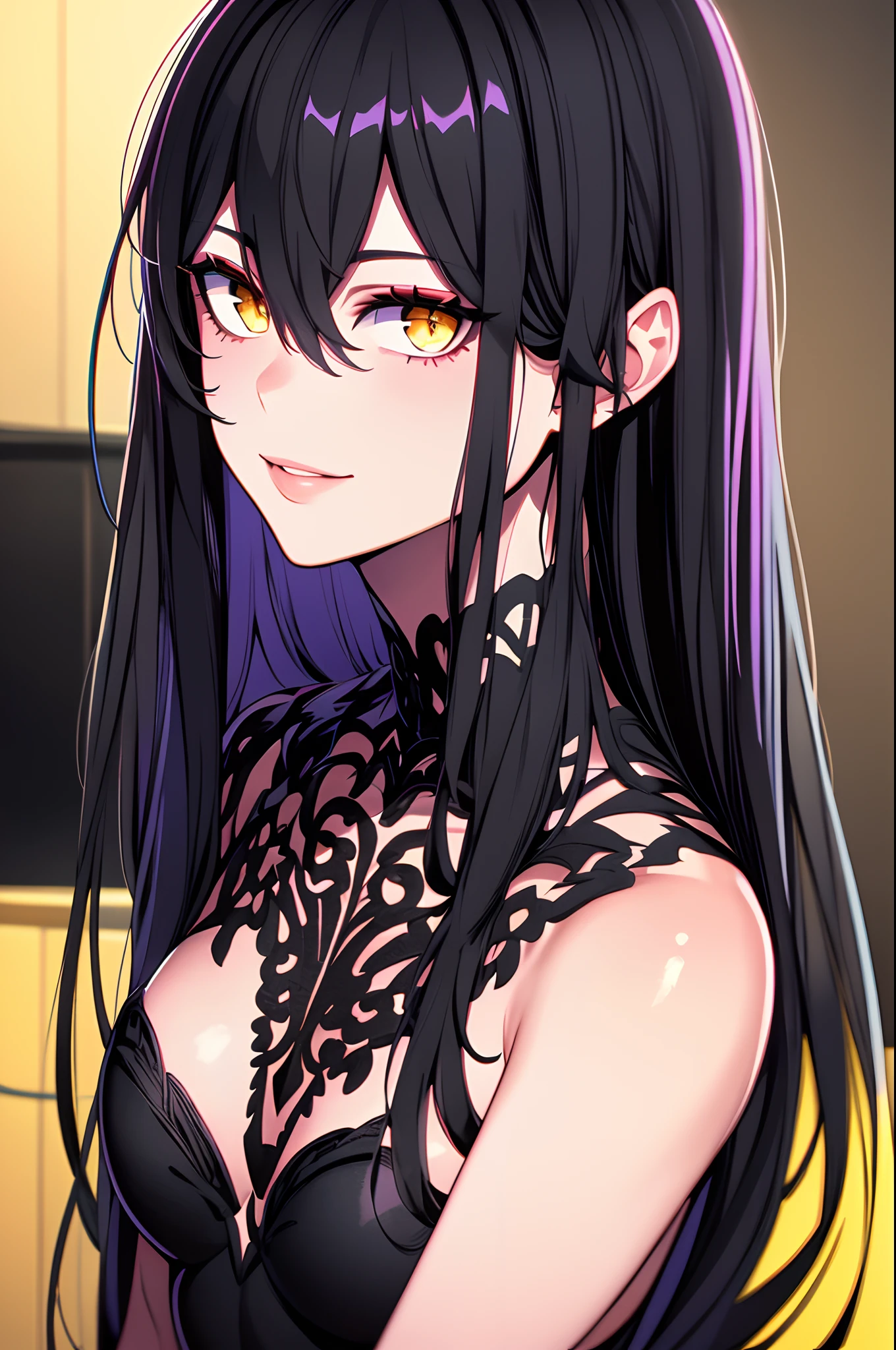 ((masterpiece)), ((ultra-detailed)), ((best quality)), ((intricate details)), ((chromatic aberration)), 1girl, long hair, disheveled hair, hair between eyes, shy, small breasts, makeup, black eyeliner, looking at viewer, black hair ,yellow eyes, dress,black hair, purple eyes, light smile,