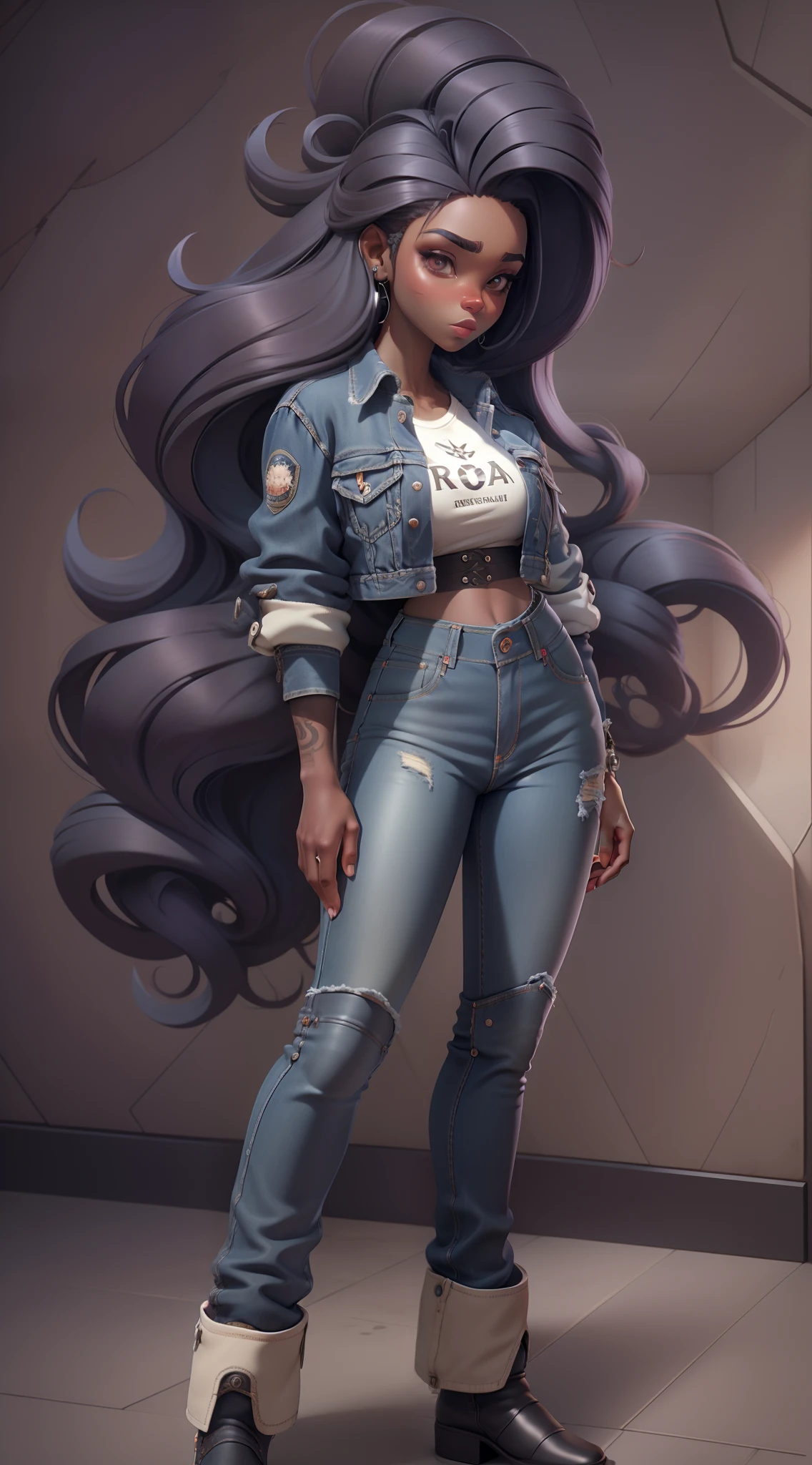 Garota pele branca, cabelo longo preto com mecha roxa na frente, camisa branca, jaqueta preta couro, Denim Jeans Pants, fundo branco, peito pequeno,coxas grossas, bunda grande, cabelo roxo