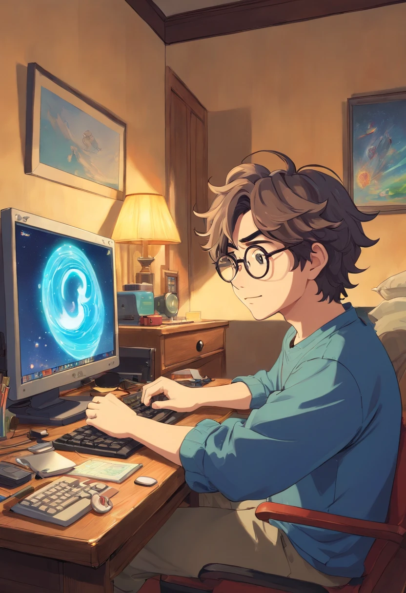 homem jovem, with wavy hair wearing glasses and playing at the computer in the bedroom