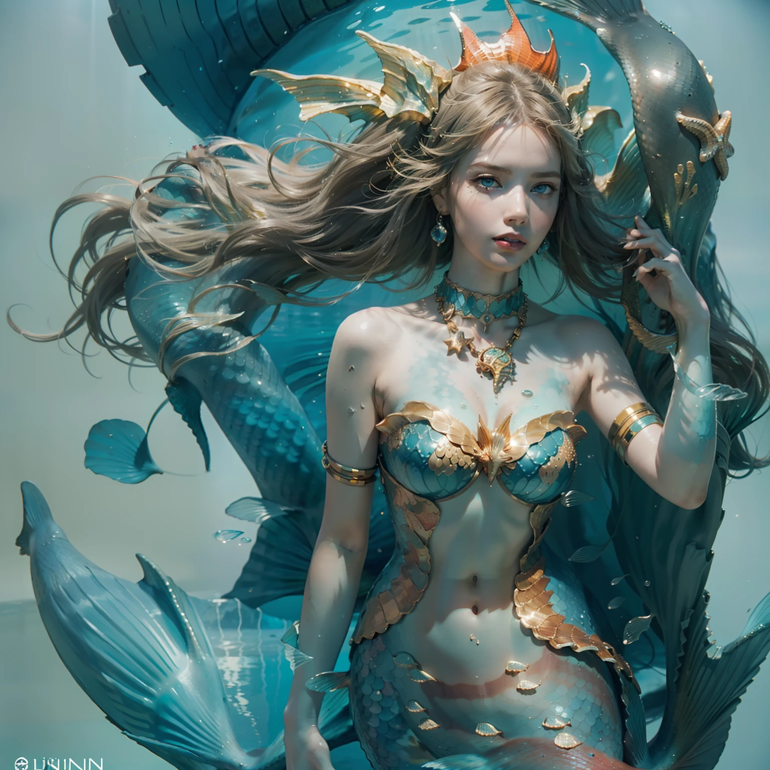 (number々Award-winning masterpieces of, with incredible detail, textures and maximum detail), (The part corresponding to both legs has a beautiful fish tail fin), (Full body view of the mermaid:1.7), (Hyper realistic:1.4), (Realistic:1.3), (Upper Body Up:0.3), (Many gold and silver treasures are sinking: 1.8), (Top quality real texture skins), (((in water))), (Shallow coral reefs: 1.5), (Bright sea in the daytime: 1.6), (fine perfectly symmetrical eyes), (Beautiful and delicately drawn face), ((medieval world)), (Full body display of mermaids: 1.7), ((mermaid)), ((Mermaid Princess)), ((Mermaid aristocracy)), (Clear eyes sparkling in the eyes), (She has a mischievous smile on her face), (Sunken ship with treasure:1.8), Temples sunk into coral reefs, Ancient sunken city, Sunken Temple, Sunken Great Cathedral, Sunken Detached Temple, The sunken ruins of an ancient castle, (Shining majestic water and light:1.2), reefs, (Eyes glowing blue in the dark:1.5), ( A pair of ice blue eyes emitting intense blue light from the inside:1.5), (bio luminescent:1.5), (Full body view of the mermaid:1.7), (Underwater treasures: 1.8), (Swirling water flow and background flow), (Dramatic light), (A majestic sight), (Her countenance is gentle and beautiful), Glass earrings on the ears, (dramatic photography:1.4), (dramatic pose), (flamboyant photo), (Golden hair), (Silver hair), (Chestnut hair), (Full body view of the mermaid:1.7), ((looks up)), ((Looking down)), (Around her neck is a simple necklace of exquisite workmanship), (Bioluminescence with brilliant brilliance:1.3), (Use fancy hydromagic:1.2), (Beautiful fish in the surroundings), (full-body view:1.7), Epic Realistic, Faded, Art Book, (Greg Rutkowski:0.8), (teal and orange:0.4), (Art Station:1.5), Cinematic, ((Neutral colors)), (nffsw:1.5), (Muted colors:1.2), Hyper Detailed, Dramatic light, (Intricate details:1.1), Complex background,