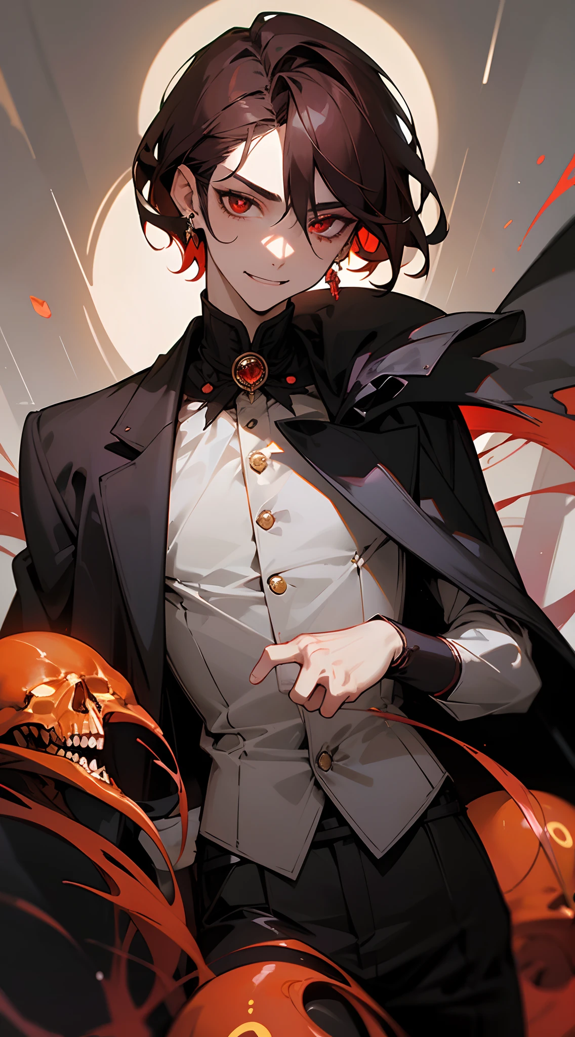 ((tmasterpiece)),(((beste-Qualit))), Close-up of seductive man with brown hair, Grown-up guy, Seductive evil, wearing white shirt, black cloak, black pants Attractive appearance, Subsurface scattering skin, Attractive humanoid, high detail, Skinny fantasy man, Fan art, Art, handsome male, red eyes, smirk, ssmile, fangs, vampire fangs, small pupils, Skinny face, sunken cheeks, Melancholic appearance, sharp chin, Smooth face, earring in the ear, Hair gradient, hair color from brown to red, thin eyebrows, short hair on the side, pixie hairstyle, Wavy Hair, Skeletons around, calavera, Skeletal creatures, dice, A chilling look, Cool dark shades, Additional lighting, A gloomy picture, Black Darkness, An ominous fire in his eyes, A Necromancer, necromancy, Evil Magic, a closeup of a, clouds in the background, black clouds, Red Moon,8k wall paper,extremely beautiful, (Masterpiece, Top Quality, Best Quality, highest detail, highest detail, official arts, beautiody & aesthetics: 1.2), the golden ratio, Complete squad, official arts, Unity 8k壁纸, Super detailed, Beautiful, (s fractal art: 1.4), A huge world of dark purple color,plain,Crystal clear crystal, covered with purple color