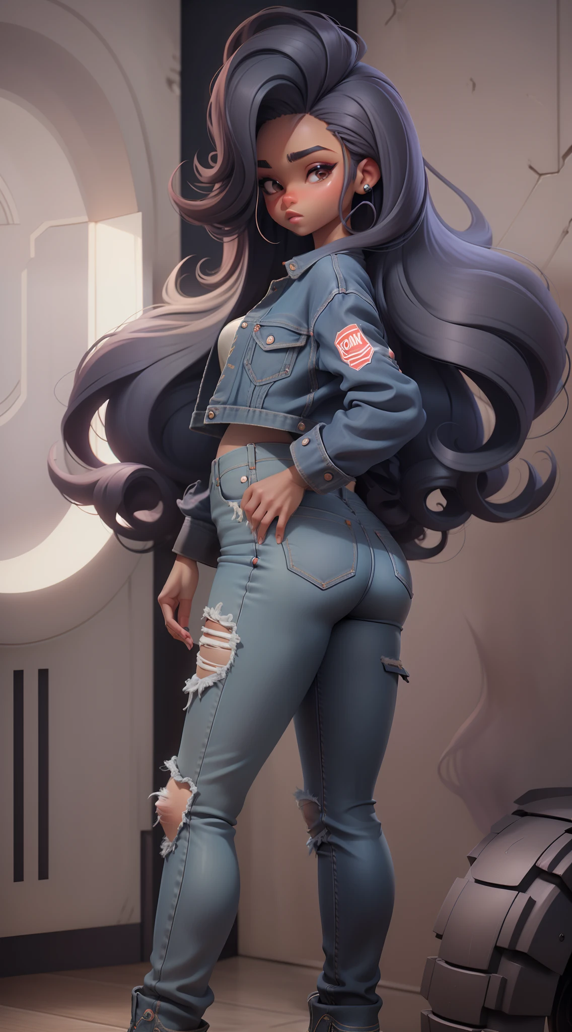 Garota pele branca, cabelo longo preto com mecha roxa na frente, camisa branca, jaqueta preta couro, Denim Jeans Pants, fundo branco, peito pequeno,coxas grossas, bunda grande, cabelo roxo
