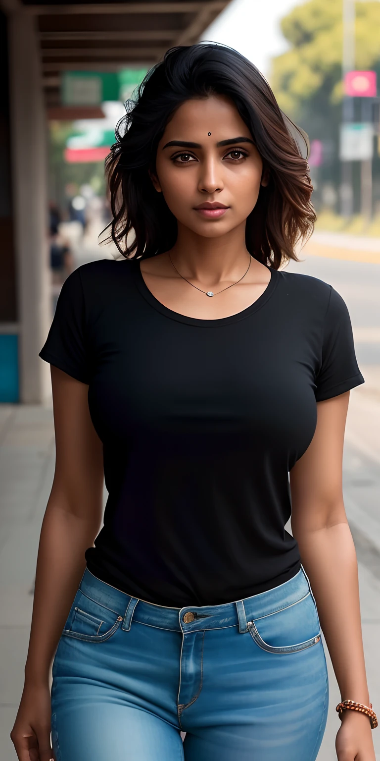 beautiful mature Indian college girl, in black basic round neck Teeshirt with skinny jeans, outside on road, full body visible, firm breasts, photorealistic, photo, masterpiece, realistic, realism, photorealism, high contrast, photorealistic digital art trending on Artstation 8k HD high definition detailed realistic, detailed, skin texture, hyper detailed, realistic skin texture, armature, best quality, ultra high res, (photorealistic:1.4),, high resolution, detailed, raw photo, sharp re, by lee jeffries nikon d850 film stock photograph 4 kodak portra 400 camera f1.6 lens rich colors hyper realistic lifelike texture dramatic lighting unrealengine trending on artstation cinestill 800,