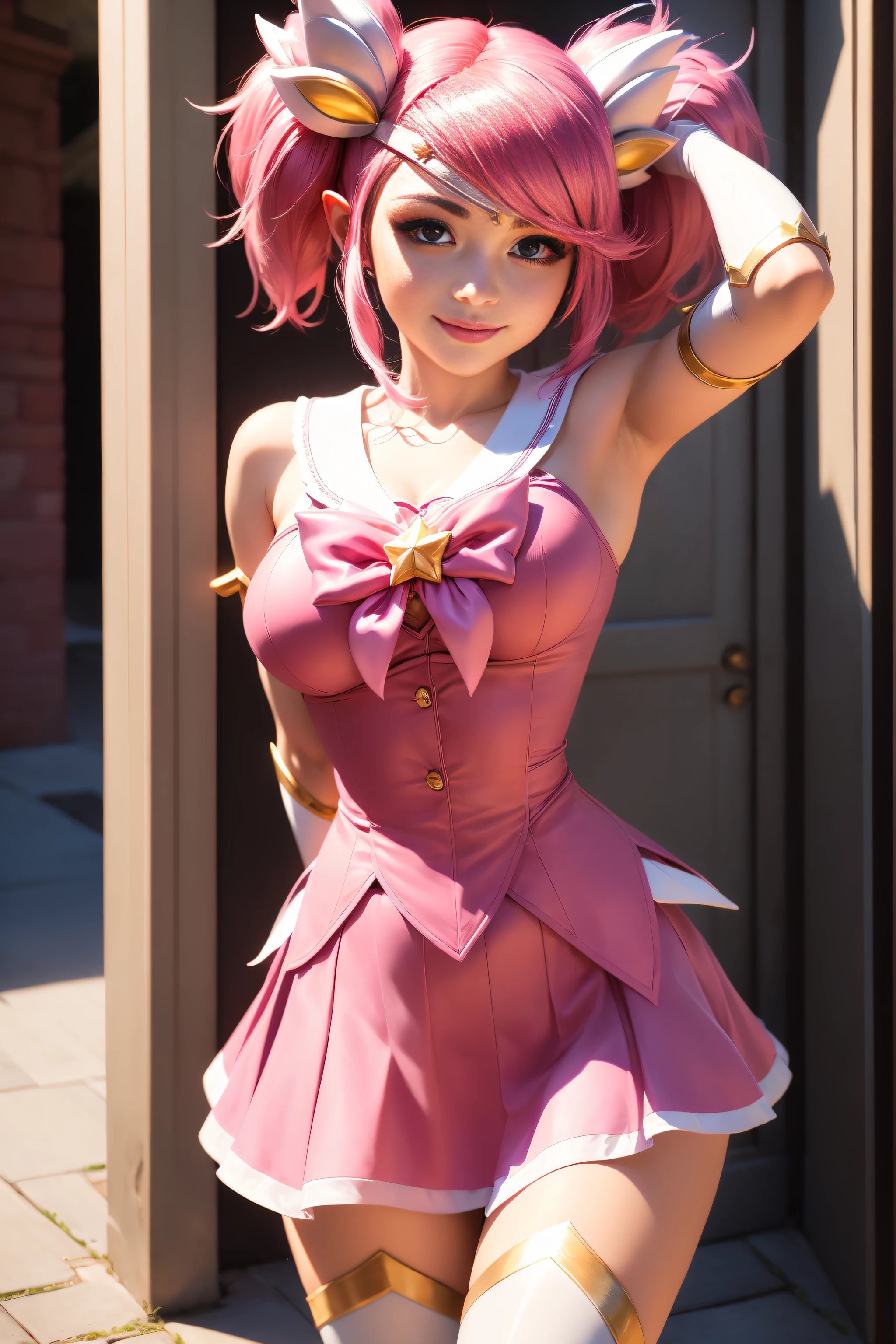 (solo, 1girl), (absurdres, ,highres, official wallpaper, poster), (masterpiece, best quality:1.2), (illustration, realistic), (perfect details, highest detailed, extreme detailed), dramatic light, starguardianlux, (white thighhighs, elbow gloves, hair ornament, tiara, skirt, star guardian \(league of legends\), ), (heart-shaped pupils, pink hair, twintails, short hair), (street, sunlight, seductive smile, )
