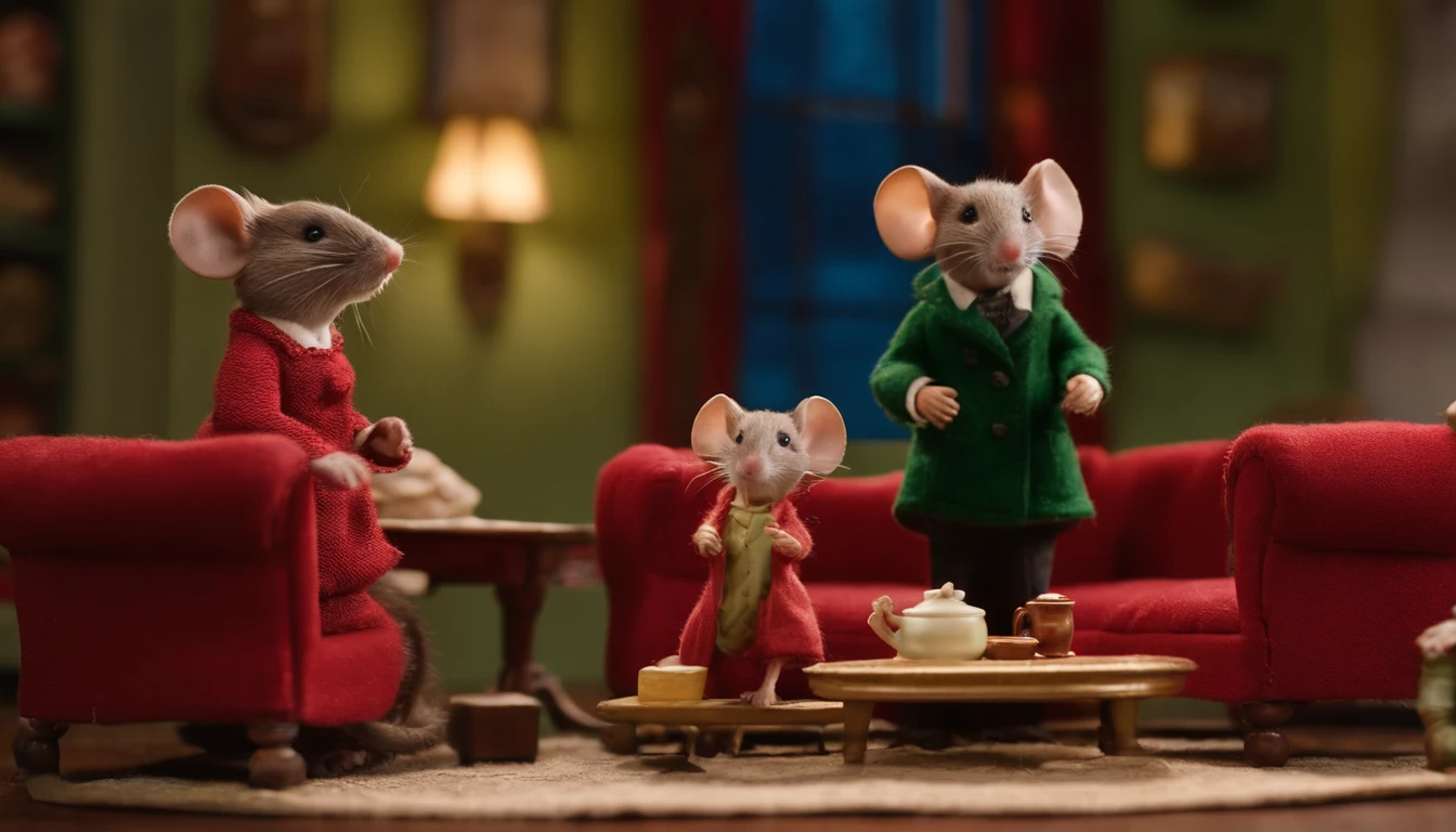 Mother and father mice, mother wearing a red dress, father wearing red pants and a green sweater, boy mouse looking at each other while sitting in overstuffed chairs, talking, 1930's dollhouse living room,
