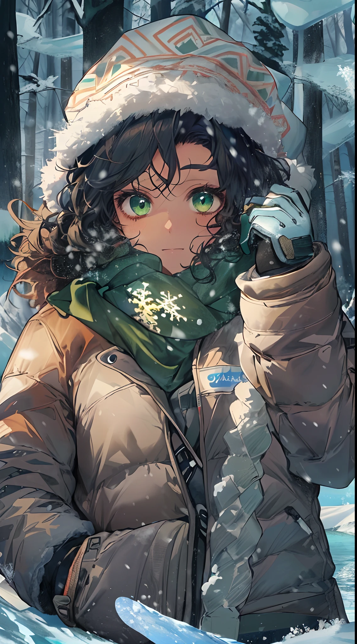 ((((Masterpiece, hiquality, absurdress) 1Woman, black hair, curly hair, Afro-curly hair, Green eyes, a perfect face, the perfect body, big breastes, short stature, very dark skin, 独奏, ((Best Quality)), ((Masterpiece)), (Detailed:1.4), Detailed eyes and face, winter, snowing, snowman, winter down jacket, ski pants, bonnet, Winter gloves, a scarf, Snowboarding, mountains, woods, Frozen lake