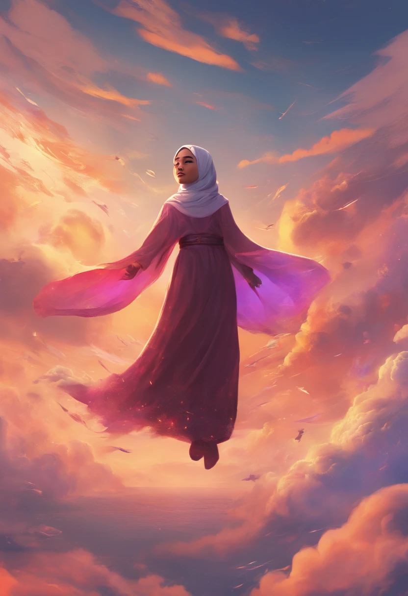 masterpiece, best quality, movie still, 1 malay girl in hijab, cloud girl, floating in the sky, close-up, bright, happy, warm soft lighting, sunset, (sparks:0.7)