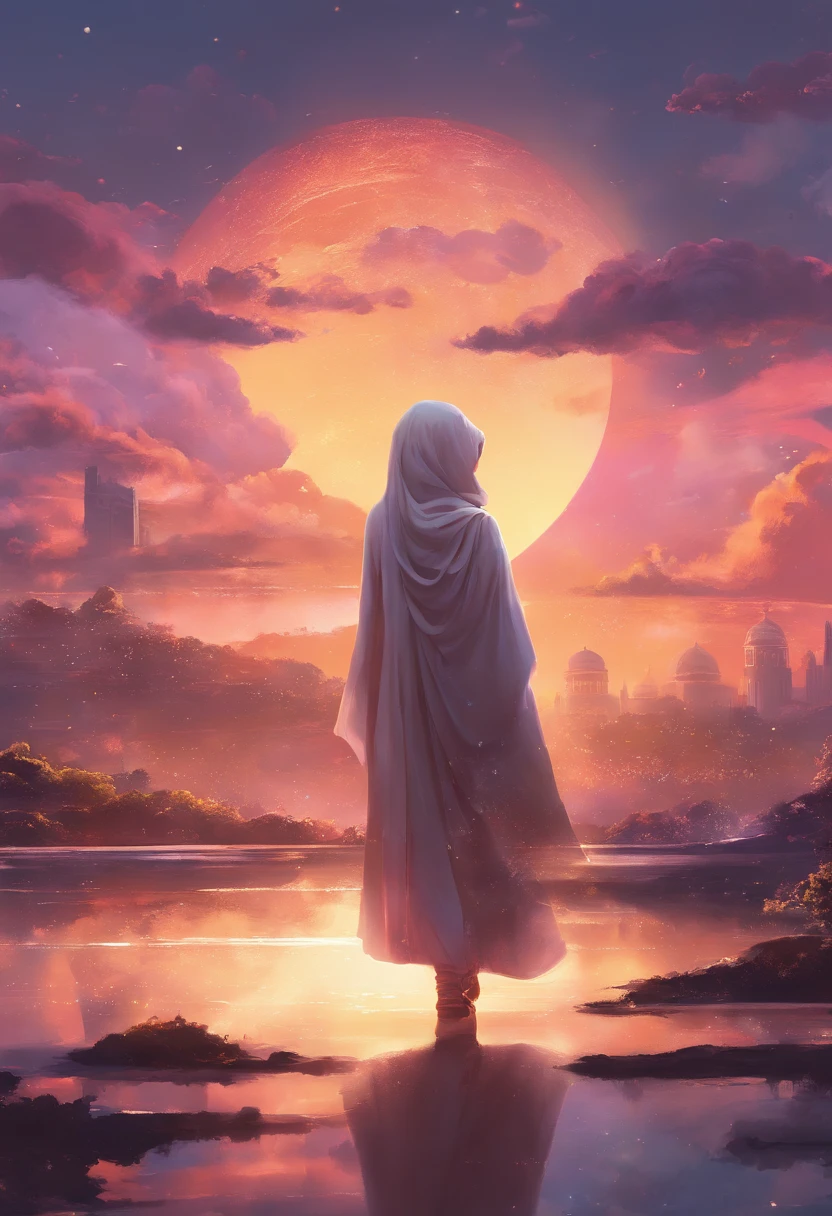 masterpiece, best quality, movie still, 1 malay girl in hijab, cloud girl, floating in the sky, close-up, bright, happy, warm soft lighting, sunset, (sparks:0.7)