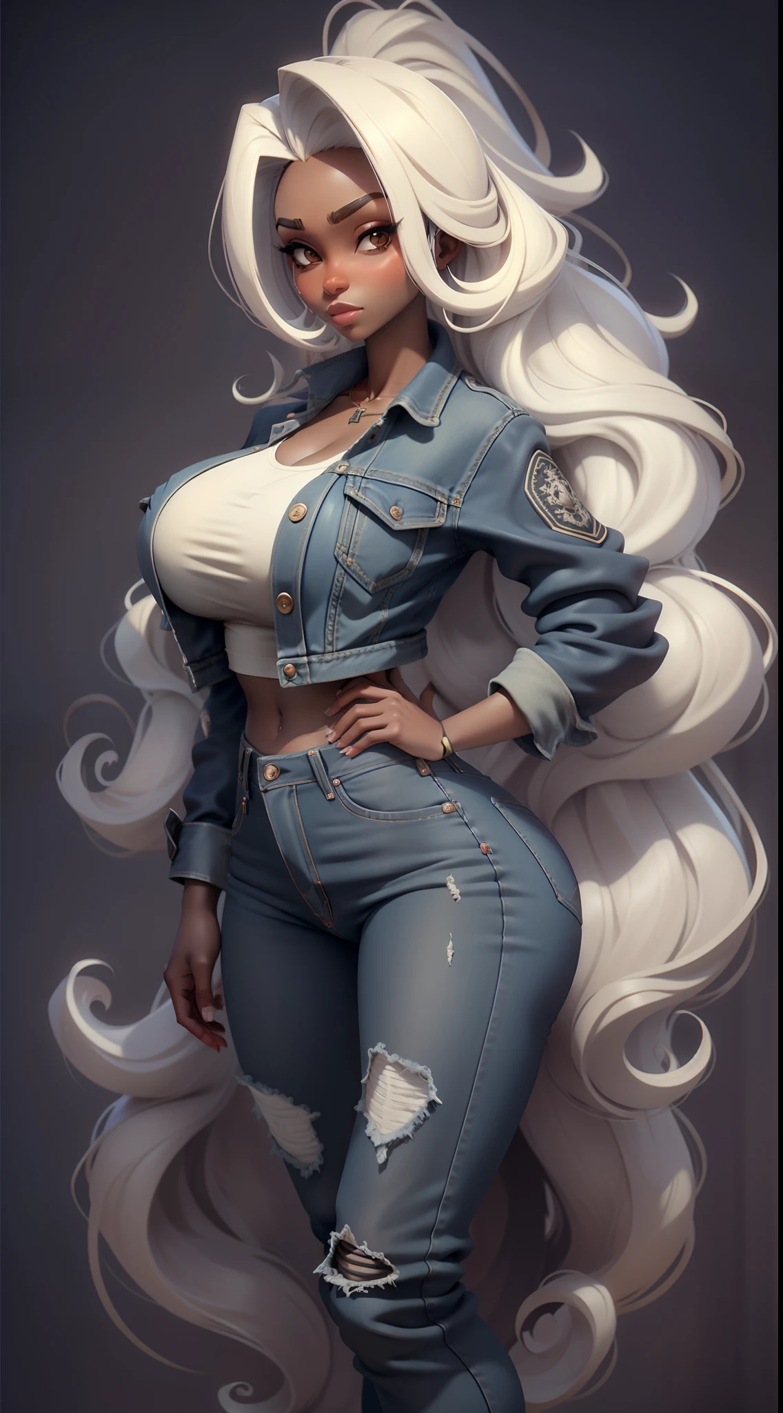 Garota pele branca, cabelo longo preto com mecha roxa na frente, camisa branca, jaqueta preta couro, Denim Jeans Pants, fundo branco, peito grande,massive breasts,