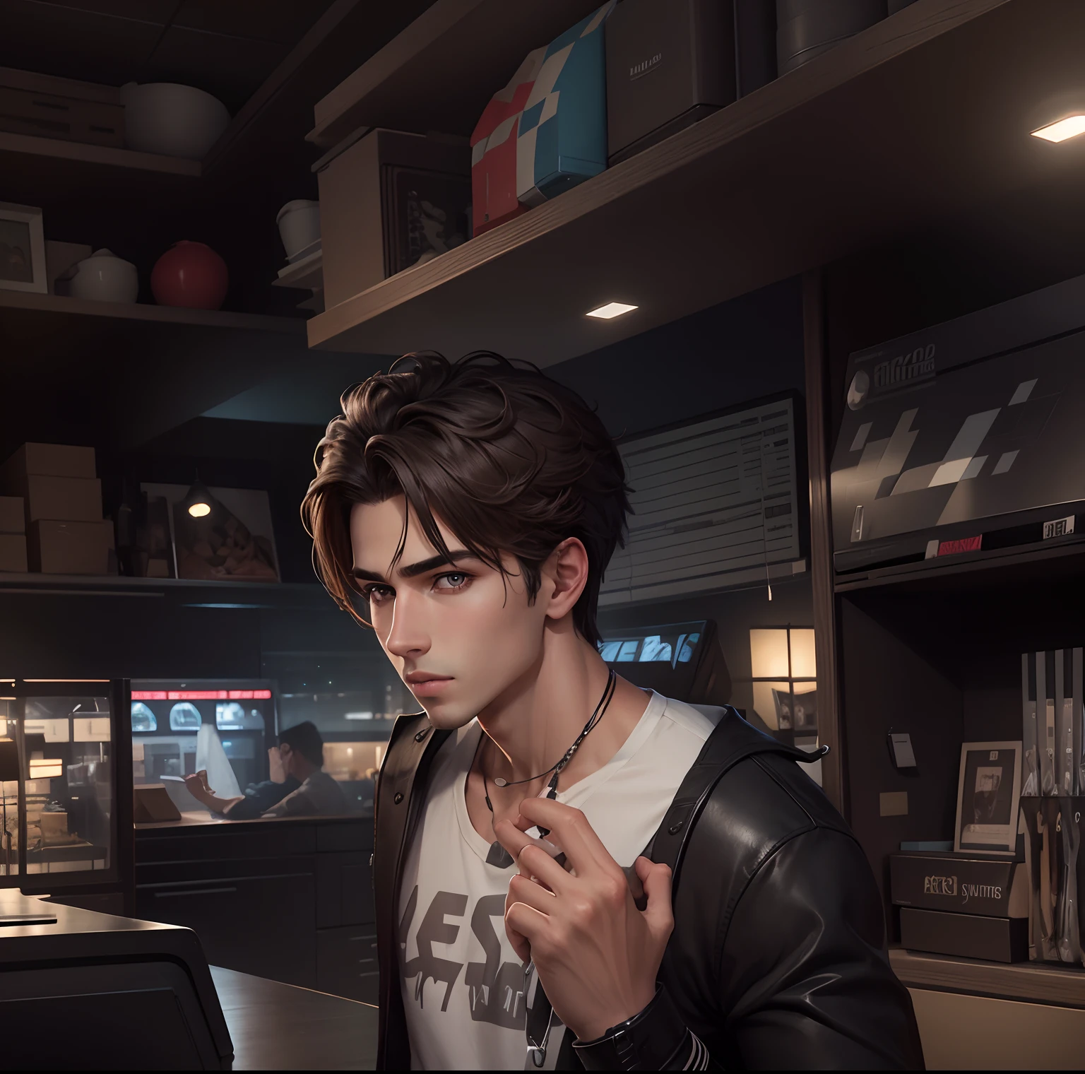 mid night　towns　Wear black clothes and look at your phone screen　A young man