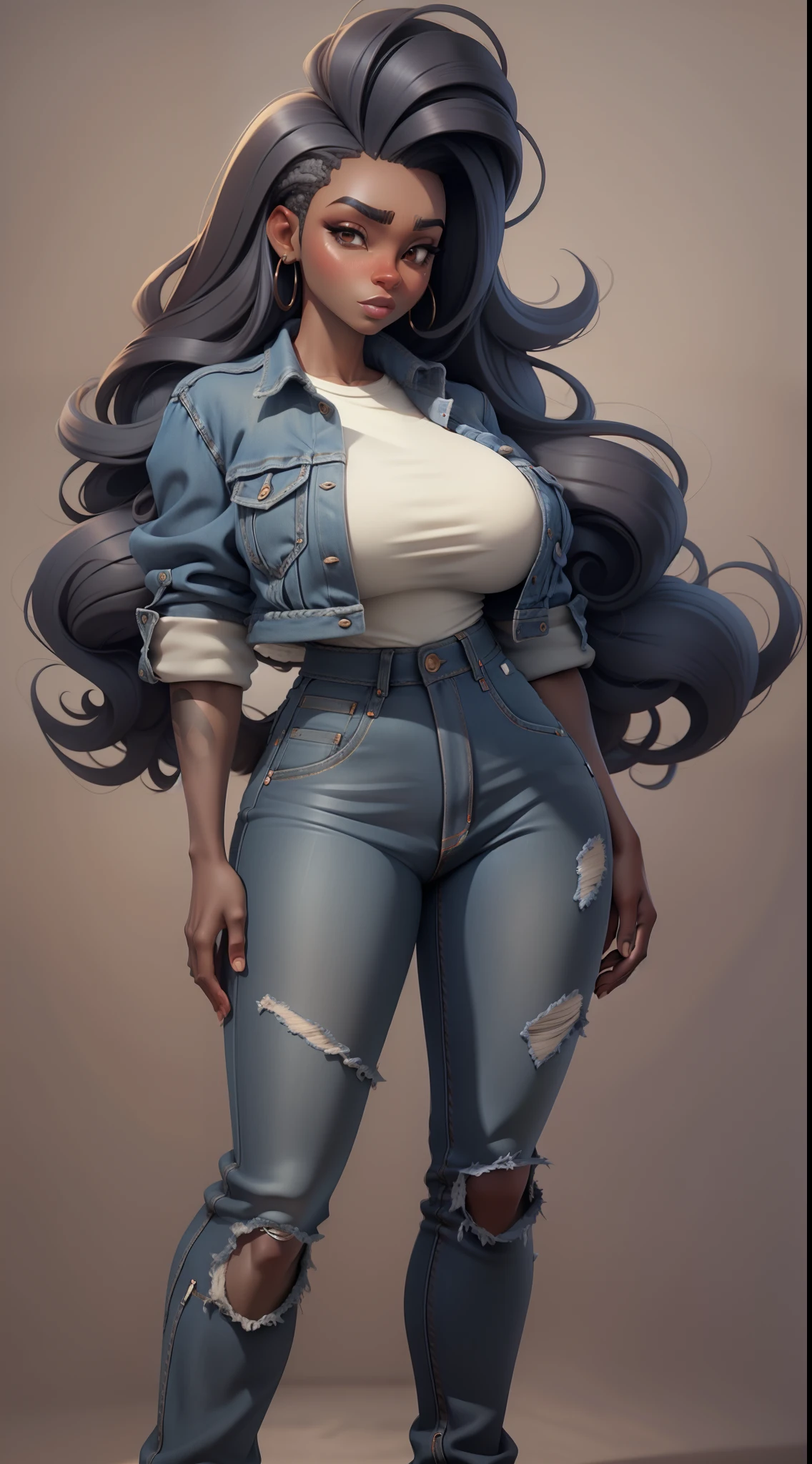 Garota pele branca, cabelo longo preto com mecha roxa na frente, camisa branca, jaqueta preta couro, Denim Jeans Pants, fundo branco, peito grande,massive breasts,