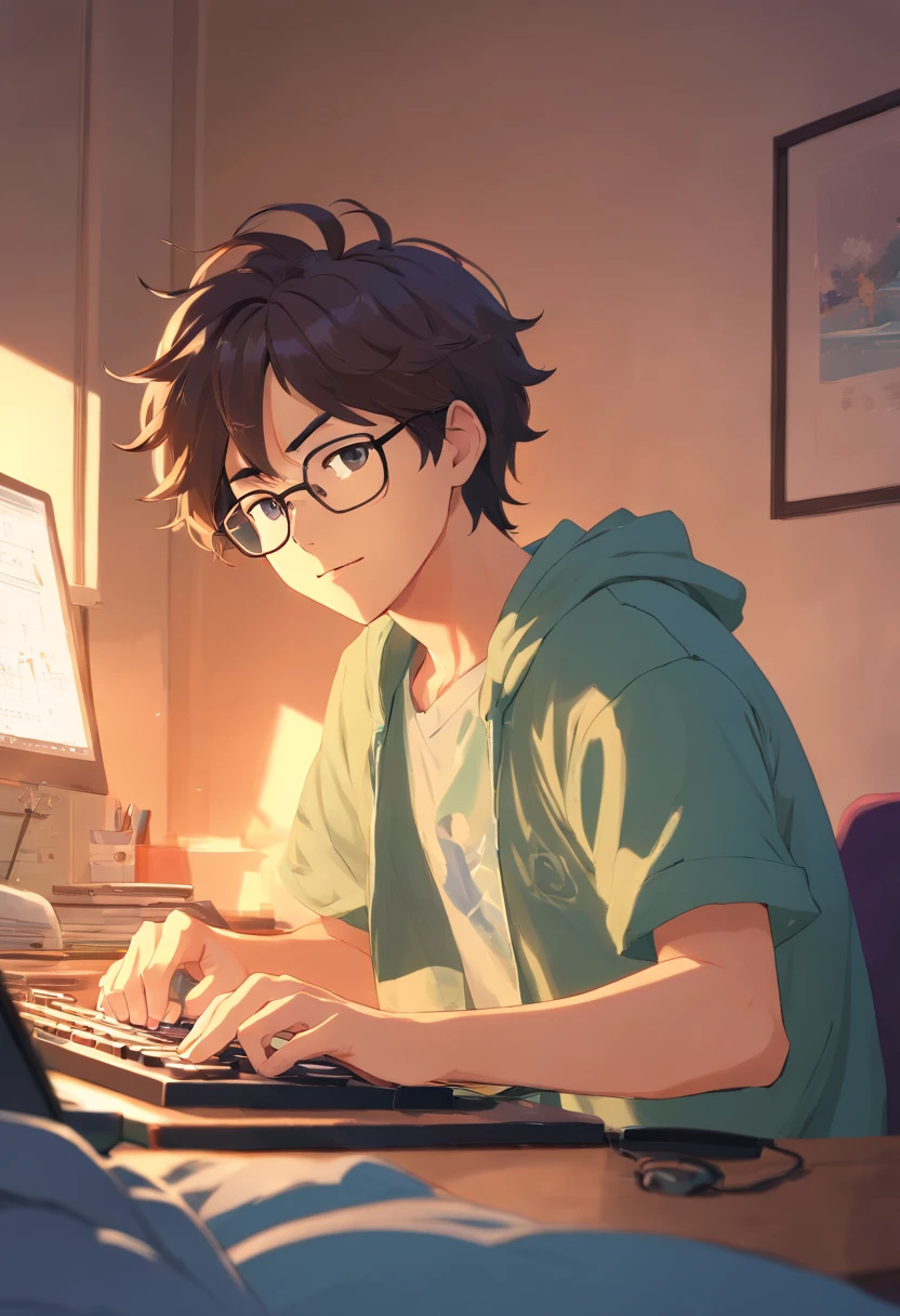 homem jovem, with wavy hair wearing glasses and playing at the computer in the bedroom