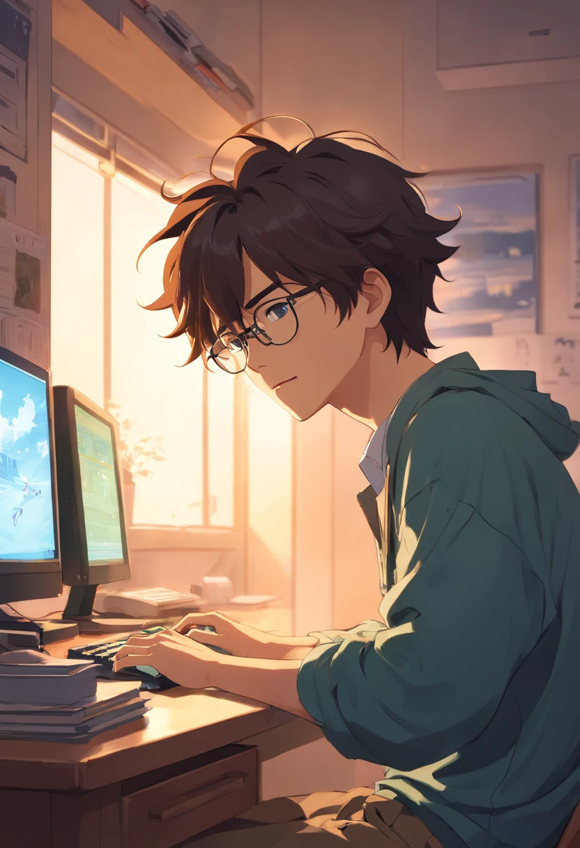 homem jovem, with wavy hair wearing glasses and playing at the computer in the bedroom