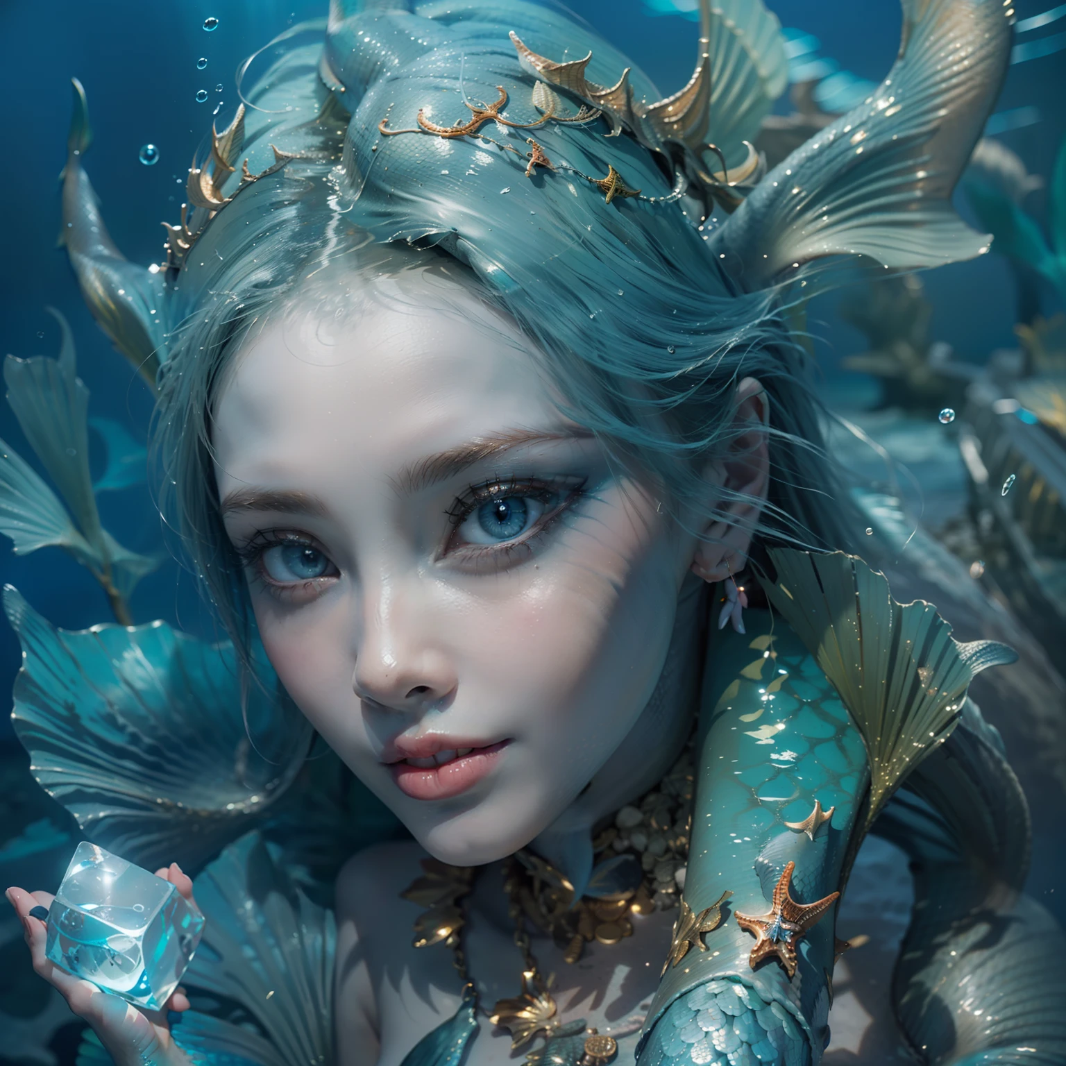 (number々Award-winning masterpieces of, with incredible detail, textures and maximum detail), (The part corresponding to both legs has a beautiful fish tail fin), (Full body view of the mermaid:1.7), (Hyper realistic:1.4), (Realistic:1.3), (Upper Body Up:0.3), (Many gold and silver treasures are sinking: 1.8), (Top quality real texture skins), (((in water))), (Shallow coral reefs: 1.5), (Bright sea in the daytime: 1.6), (fine perfectly symmetrical eyes), (Beautiful and delicately drawn face), ((medieval world)), (Full body display of mermaids: 1.7), ((mermaid)), ((Mermaid Princess)), ((Mermaid aristocracy)), (Clear eyes sparkling in the eyes), (She has a mischievous smile on her face), (Sunken ship with treasure:1.8), Temples sunk into coral reefs, Ancient sunken city, Sunken Temple, Sunken Great Cathedral, Sunken Detached Temple, Sunken ruins of an ancient castle, (Shining majestic water and light:1.2), reefs, (Eyes glowing blue in the dark:1.5), ( A pair of ice blue eyes emitting intense blue light from the inside:1.5), (bio luminescent:1.5), (Full body view of the mermaid:1.7), (Underwater treasures: 1.8), (Swirling water flow and background flow), (Dramatic light), (A majestic sight), (Her countenance is gentle and beautiful), Glass earrings on the ears, (dramatic photography:1.4), (dramatic pose), (flamboyant photo), (Golden hair), (Silver hair), (Chestnut hair), (Full body view of the mermaid:1.7), ((looks up)), ((Looking down)), (Around her neck is a simple necklace of exquisite workmanship), (Bioluminescence with brilliant brilliance:1.3), (Use fancy hydromagic:1.2), (Beautiful fish in the surroundings), (full-body view:1.7), Epic Realistic, Faded, Art Book, (Greg Rutkowski:0.8), (teal and orange:0.4), (Art Station:1.5), Cinematic, ((Neutral colors)), (nffsw:1.5), (Muted colors:1.2), Hyper Detailed, Dramatic light, (Intricate details:1.1), Complex background,