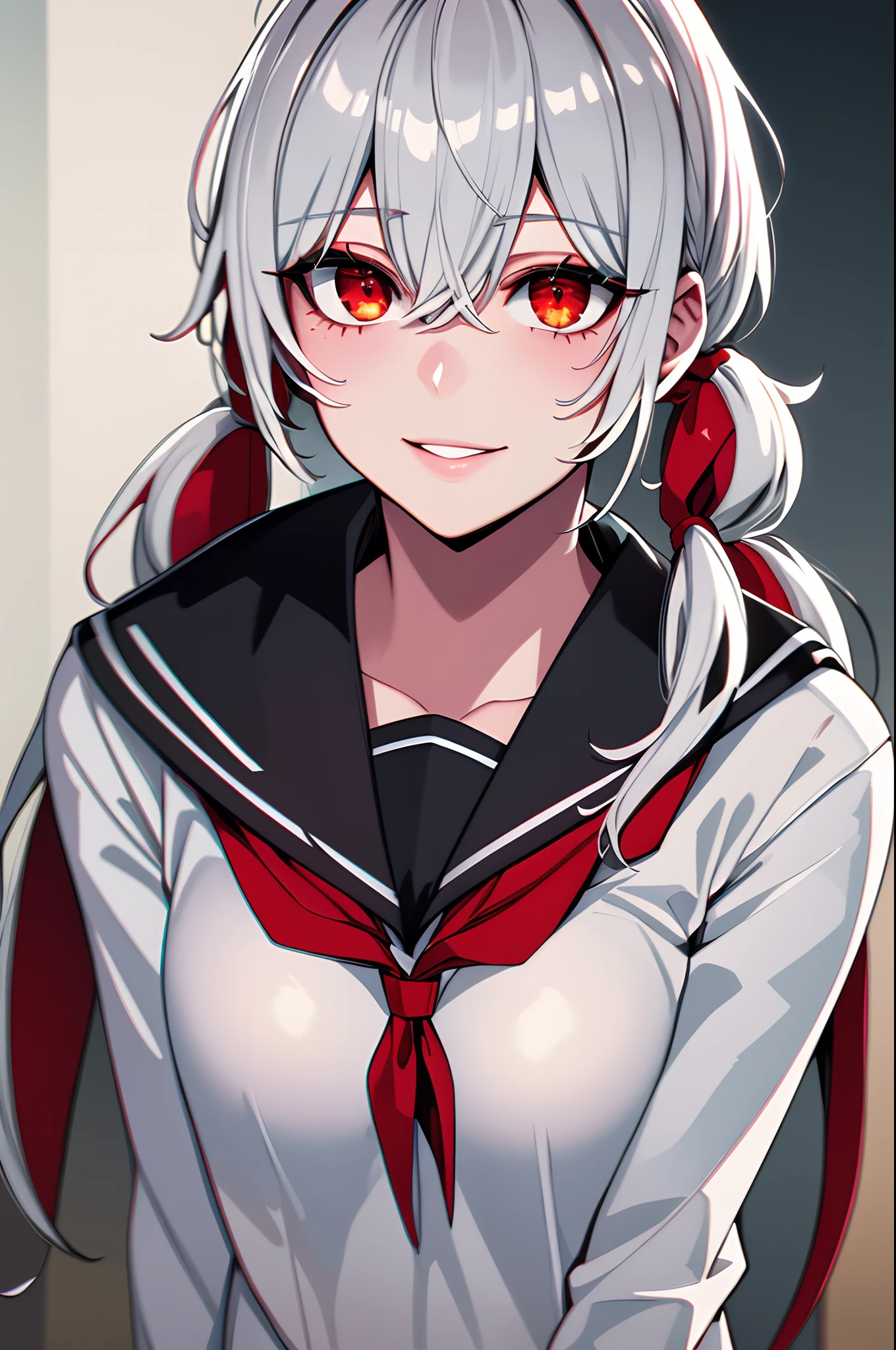 ((masterpiece)), ((ultra-detailed)), ((best quality)), ((intricate details)), ((chromatic aberration)), 1girl, disheveled hair, hair between eyes, shy, small breasts, makeup, black eyeliner, looking at viewer, white hair , red eyes, school uniform, serafuku, twintails,  light smile,