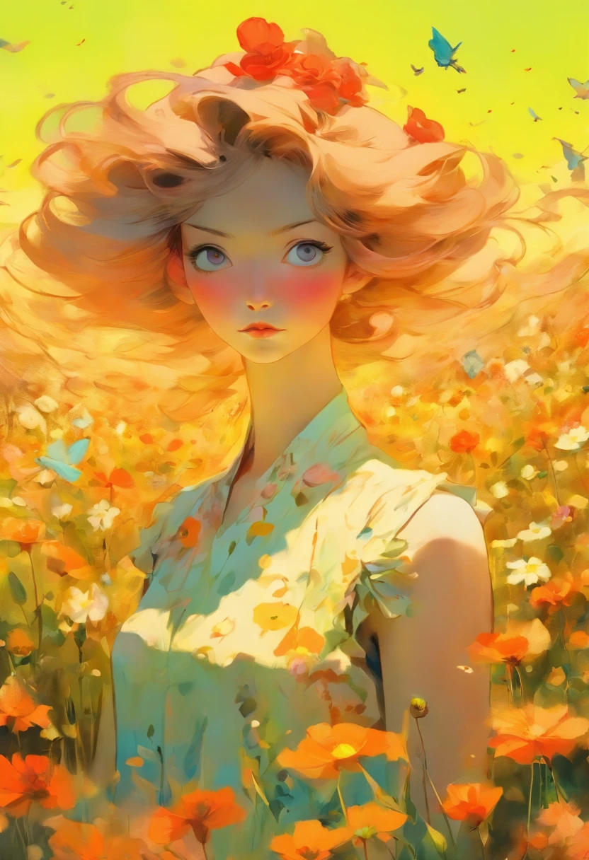 Woman dressed in a light summer dress in a field of flowers. In the style of Adrian Ghenie, Esao Andrews, Jenny Saville, Edward Hopper, surrealism, Dark Art par James Jean. Tim Burton. Inspired by Sewerslvt. Aesthetic anime of the 90s. Masterpiece. 8k. Absurde.