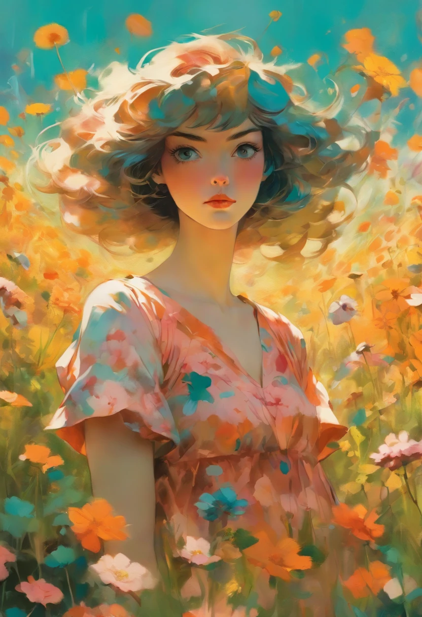 Woman dressed in a light summer dress in a field of flowers. In the style of Adrian Ghenie, Esao Andrews, Jenny Saville, Edward Hopper, surrealism, Dark Art par James Jean. Tim Burton. Inspired by Sewerslvt. Aesthetic anime of the 90s. Masterpiece. 8k. Absurde.
