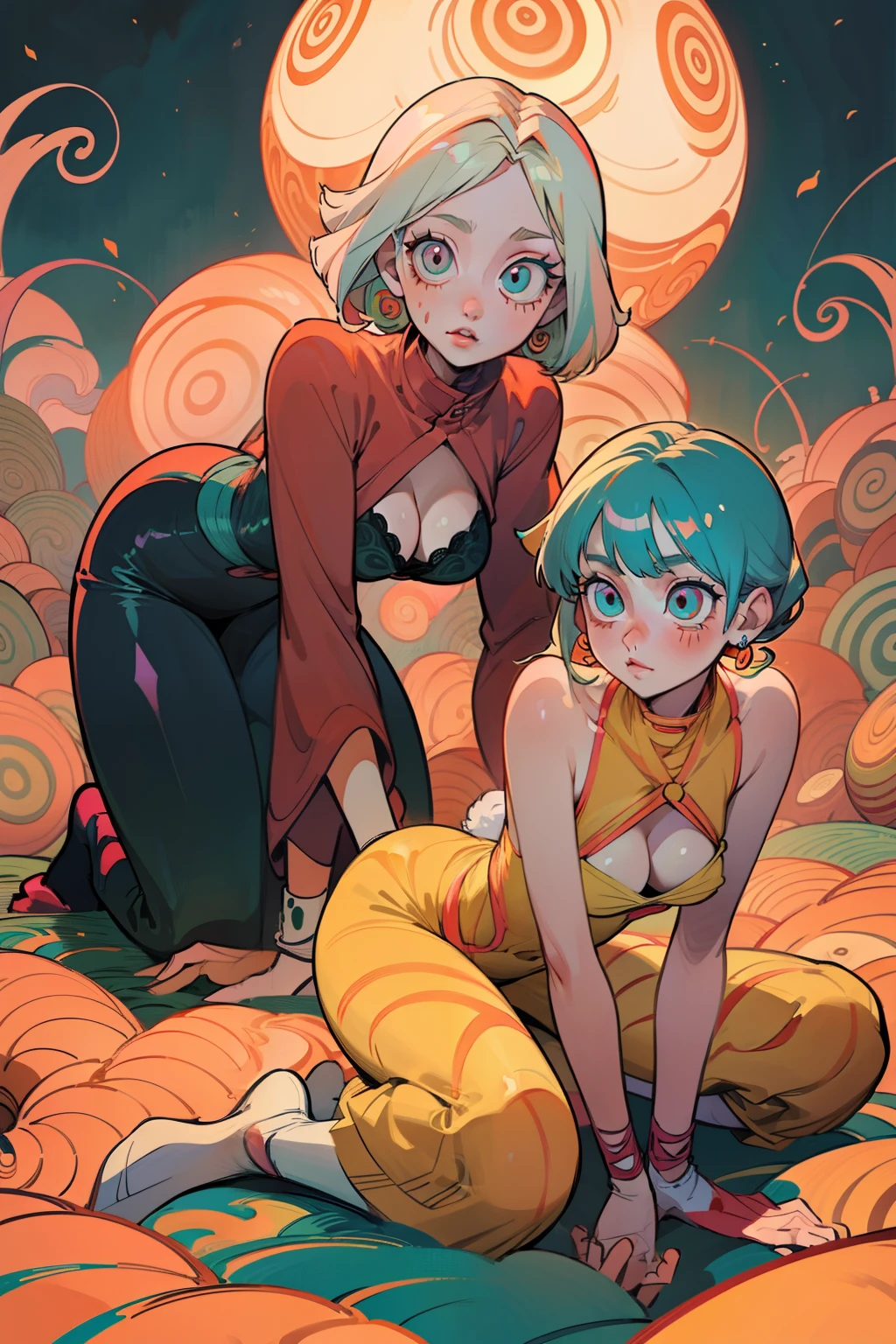 Red ambient lighting, green and yellow toned theme,Two girls in a garden, gardening, holding flowers, planting with a shovel, sunny blue skies, clear blue cloud skies, rabbits running around, nothing vicious, akato yamamoto art style, horror manga, goru, girl in lingerie and shibari laying on the floor, Ultra maniac anime manga style theme (nana manga) Kamikaze kaitoujin, full body high quality 4k illustration, ceiling view pose girl looking into camera from a white bedsheet and blood splatter, Junji ito style, (uzumaki, lit. "Spiral") is a Japanese horror manga series written and illustrated by Junji Ito, horror illustration, (uzumaki) (tomie) (a girl,beauty,2girls)cool detailed eyes,beautiful detailed lips,extremely detailed eyes and face,longeyelashes,colorful hair,confident smile,stylish outfit, earrings (yummy) food in a dynamic pose(aesthetic style),vibrant colors,street-art inspired background,urban lighting, pearly white and orange and pink, Comic book ??????. villain. White hair streaks, aqua blue hair, hair with a lot of flow and blonde, city scape, clothes, lingerie laying on the floor
