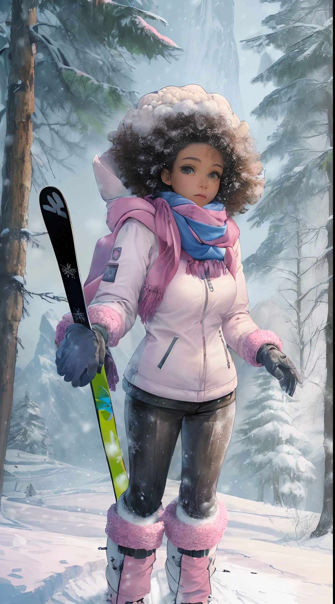 ((((Masterpiece, hiquality, absurdress) 1Woman, black hair, curly hair, Afro-curly hair, Green eyes, a perfect face, the perfect body, big breastes, short stature, very dark skin, 独奏, ((Best Quality)), ((Masterpiece)), (Detailed:1.4), Detailed eyes and face, winter, snowing, snowman, winter down jacket, ski pants, bonnet, Winter gloves, a scarf, skiing, mountains, woods, skiing, pink sheks