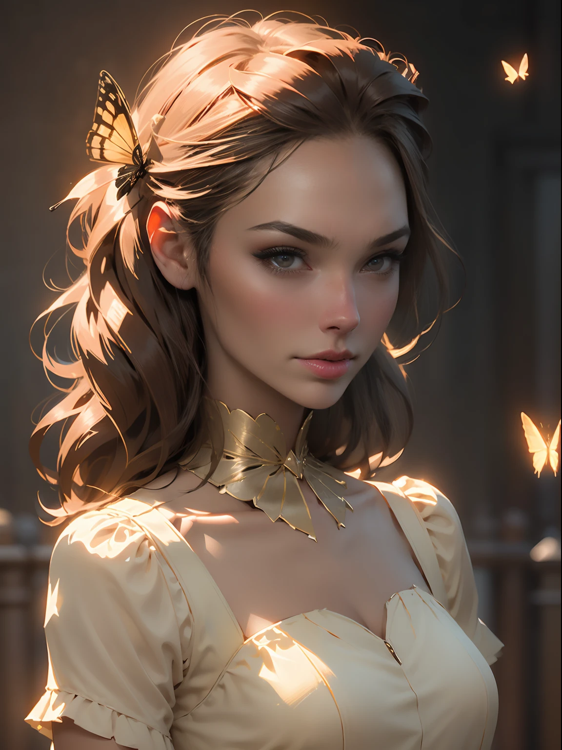 a woman ( she looks 30 years old), mature face, adult, tall, older than 20, with a bow on her head and a dress on her body, with a butterfly on her shoulder, Charlie Bowater, rossdraws global illumination, a character portrait, fantasy art,satin dress,, detailed skin texture, (blush:0.5), (goosebumps:0.5), subsurface scattering, facing the camera, looking forward, body and head straight forward, looking at the viewer