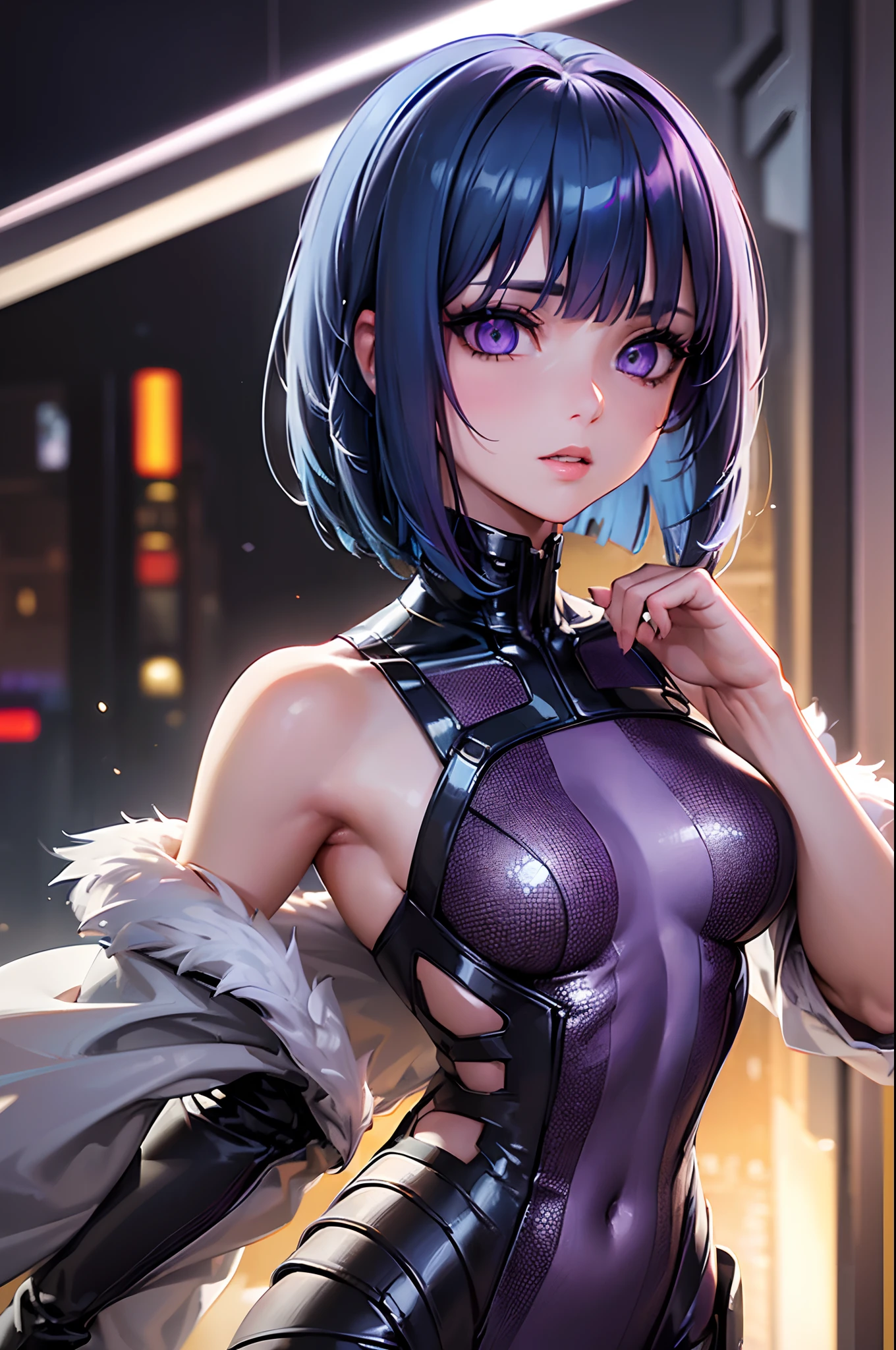 Highly detailed, ultra detailed, best quality, highest quality, hyper detailed, highly detailed background, photorealistic, masterpiece, (detailed CGI 32k:1.3), detailed realistic skin, stunning and gorgeous, (holographic girl), (against the backdrop of a cyberpunk city:1.2), (transparent body:1.3), small breasts, show off clothes, full body, (dim lighting:1.2), (detailed hair:1.3), (bob haircut:1.2), (blue hair:1.3), (centered), (highly detailed:1.4), (purple eyes:1.3), (detailed face and eyes:1.4).