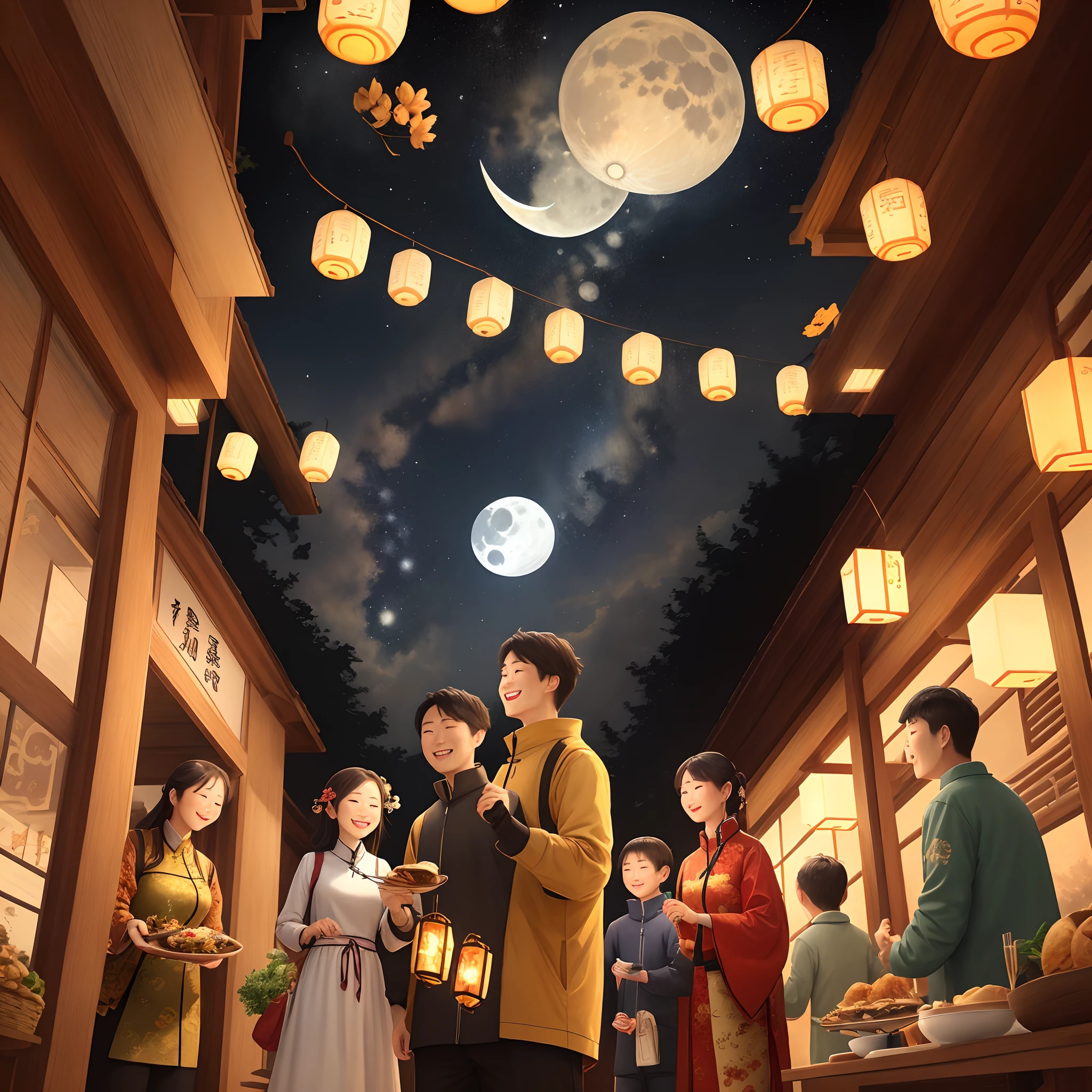 Help me create a painting about the Mid-Autumn Festival,Includes the following 8 elements:1. themoon,2. lanterns,3. Moon,4. Chinese elements,5. Mid-Autumn Festival cuisine,6. starrysky,7.gleeful,8.Family reunion for dinner。