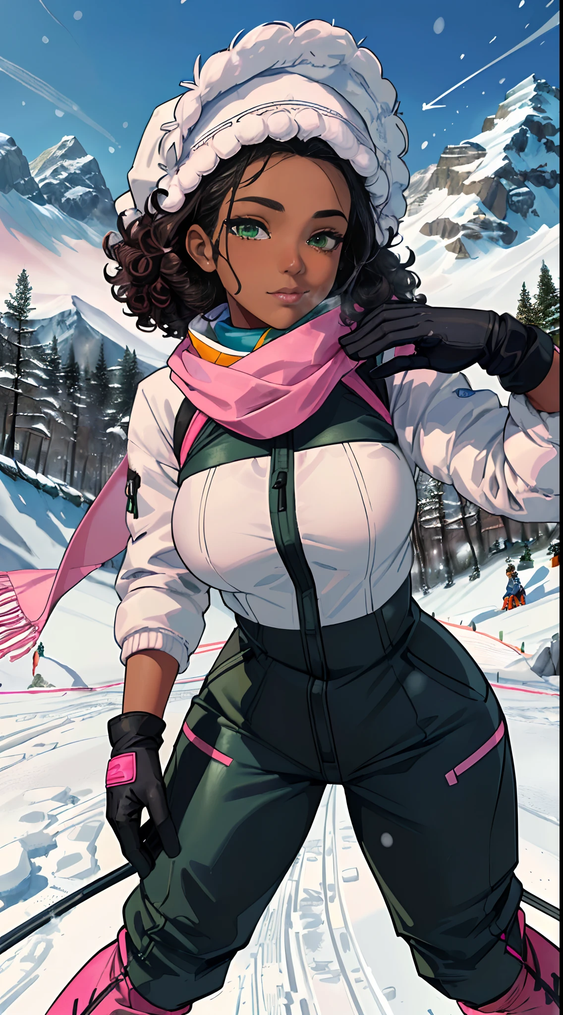 ((((Masterpiece, hiquality, absurdress) 1Woman, black hair, curly hair, Afro-curly hair, Green eyes, a perfect face, the perfect body, big breastes, short stature, very dark skin, 独奏, ((Best Quality)), ((Masterpiece)), (Detailed:1.4), Detailed eyes and face, winter, snowing, snowman, winter down jacket, ski pants, bonnet, Winter gloves, a scarf, skiing, mountains, woods, skiing, pink sheks