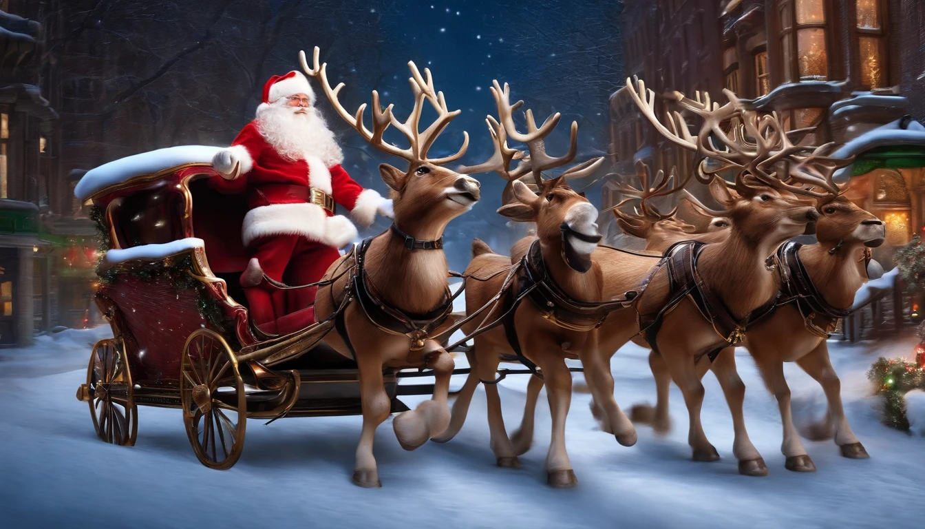 santa claus in a sleigh, eight reindeer pulling it, nightime, new york city