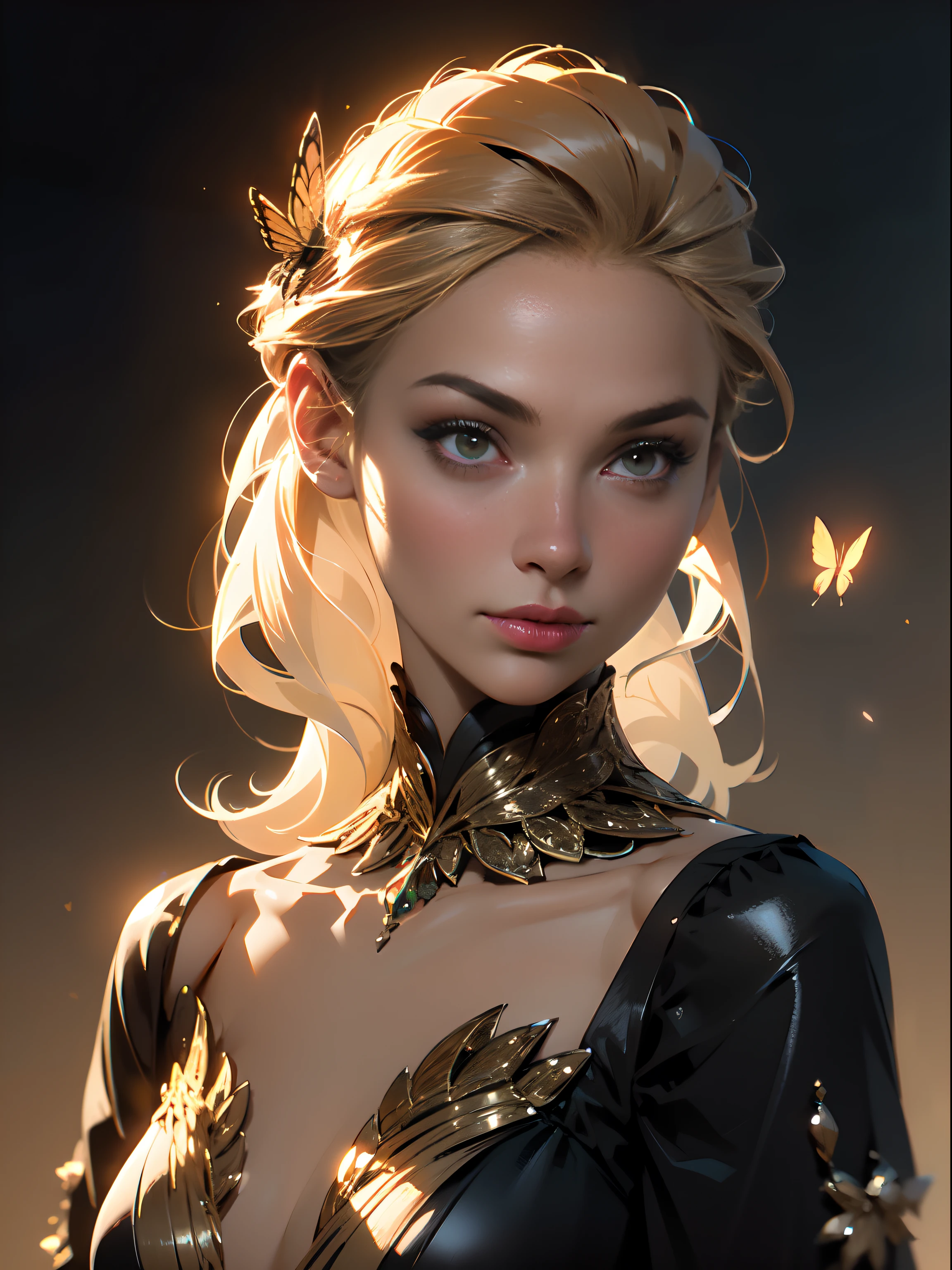 a woman ( she looks 30 years old), mature face, adult, tall, older than 20, with a bow on her head and a dress on her body, with a butterfly on her shoulder, Charlie Bowater, rossdraws global illumination, a character portrait, fantasy art,satin dress,, detailed skin texture, (blush:0.5), (goosebumps:0.5), subsurface scattering, facing the camera, looking forward, body and head straight forward, looking at the viewer