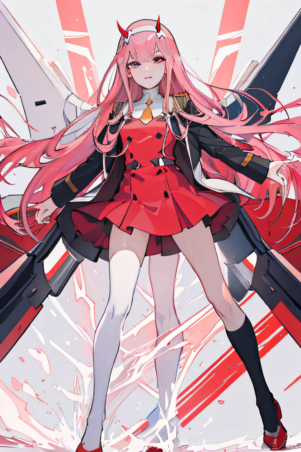 (masterpiece), (best quality), (ultra detailed), full body picture of Zero Two, Zero Two \(Darling in the FranXX\), military uniform, pink hair, horns, hair ornament, red horns, oni horns, red military uniform, (((no else))), ((masterpiece, best quality)), perfect lighting, depth of field, masterpiece, best quality, UHD, anatomically correct, high details, highres, 8k, perfect anatomy, accurate