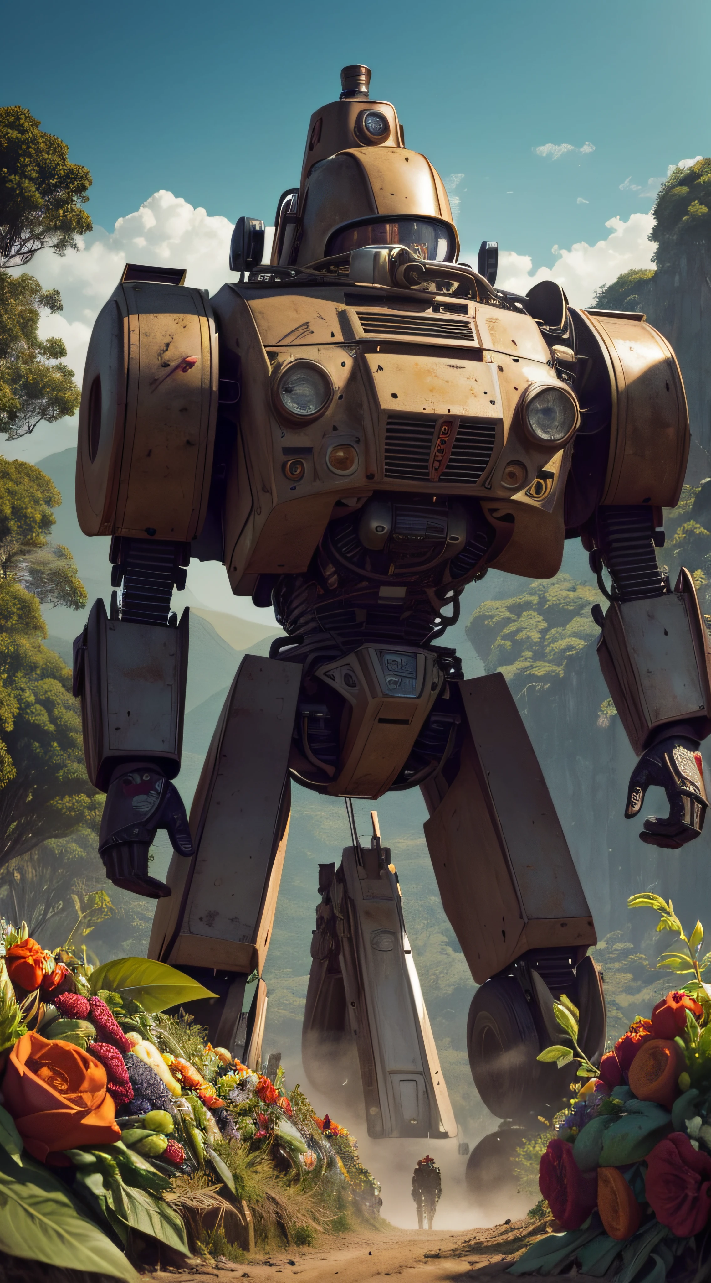 (extremadamente detallado, obra maestra, La mejor calidad, foto antigua, principios de siglo, VHS Aesthetics) Great retro robot with blood in robotic hands. Armas grandes, cannons on his back. motosierras. In the middle of a strange jungle. Vegetables from another dimension. Epic flowers far away, organic trees with meat. Luz noche.
