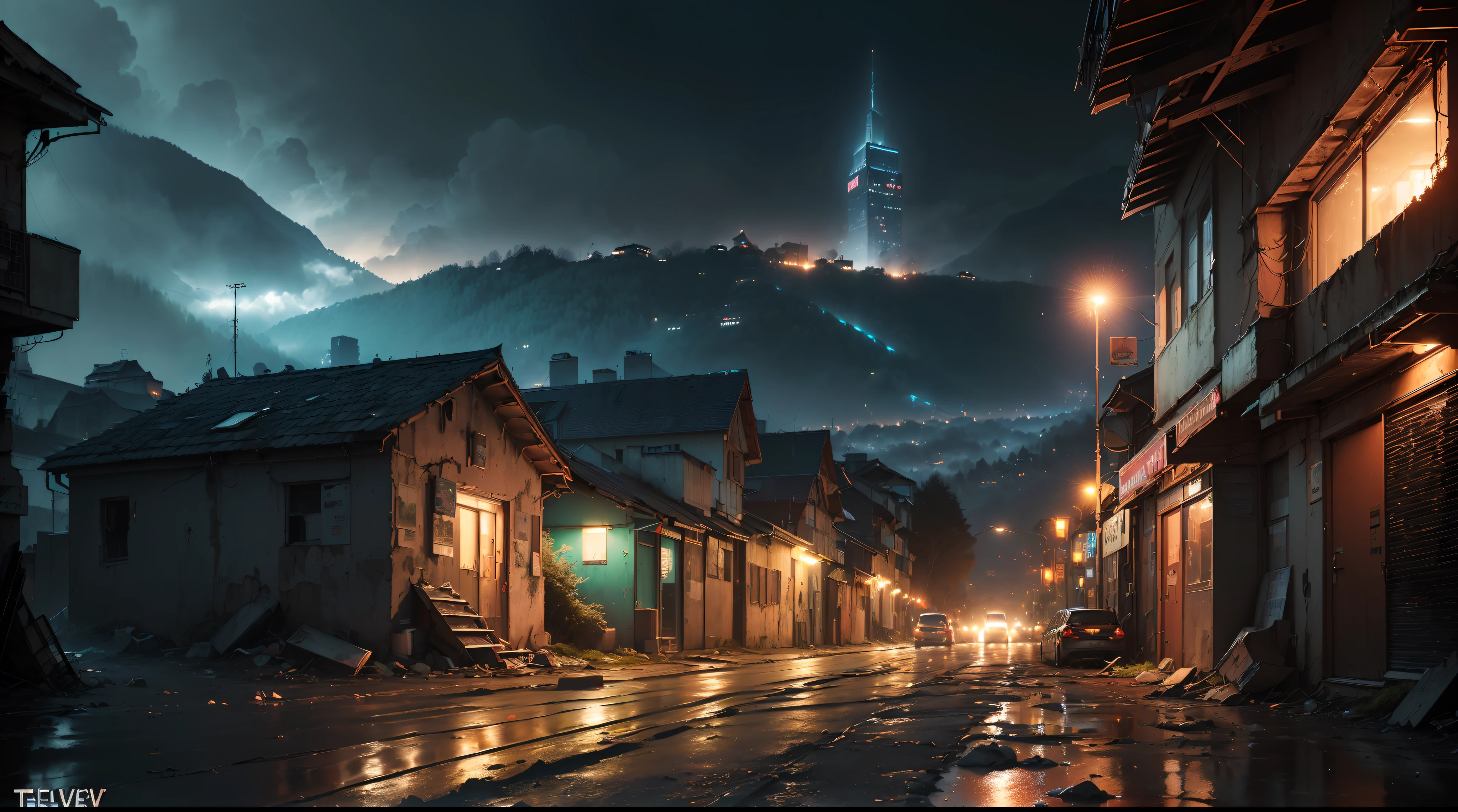 (((Artistic Image, metade da imagem com (Cena surreal com um piano de cauda em meio a paredes desmoronadas, Piano de cauda com telhado), metade da imagem com ((Opening to an abandoned nighttime metropolis with skyscraper in the rain), ((Chove na cidade):1.5), (deteriorated skyscraper), ( Skyscraper with silt), ( Skyscraper with rust), ((Antecedentes com o DEPH):1.5), A dreamlike atmosphere is created by softly lit architectural details, The piano is a symbol of timeless beauty in the midst of decadence, Pintura Digital com Elementos do Impressionismo, High detail, tiro grande angular, Adding a dash of mystery to the composition))), (Rastreamento de caminho), (Cyberpunk), (Post apocalyptic), 16k, UHD, max quality, Max Resolution, ultrarrealista |, ultra-detalhado