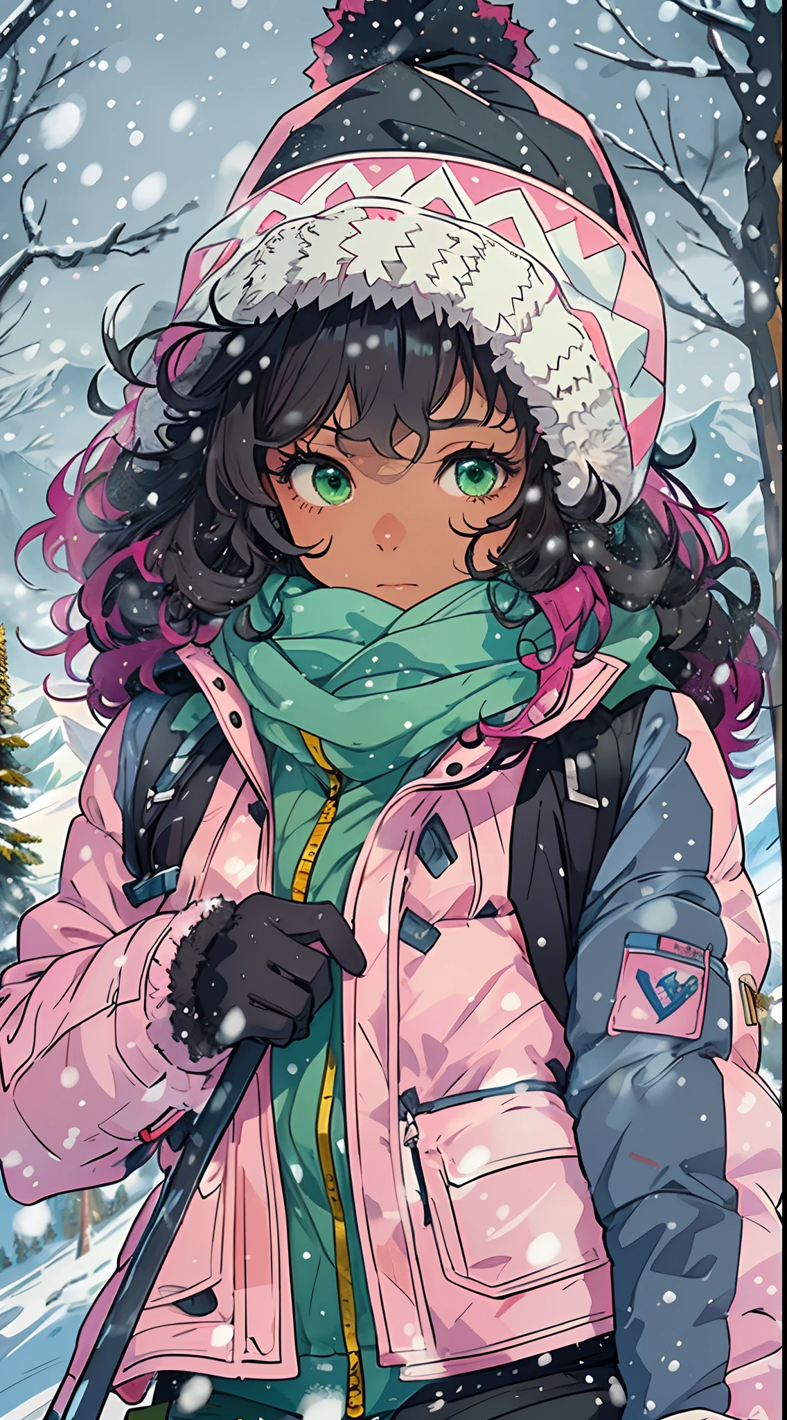 ((Masterpiece, hiquality, absurdress) 1Woman, black hair, curly hair, Afro-curly hair, Green eyes, a perfect face, the perfect body, big breastes, short stature, very dark skin, 独奏, ((Best Quality)), ((Masterpiece)), (Detailed:1.4), Detailed eyes and face, winter, snowing, snowman, winter down jacket, ski pants, bonnet, winter gloves, a scarf, skiing, mountains, woods, Skiing, pink sheks