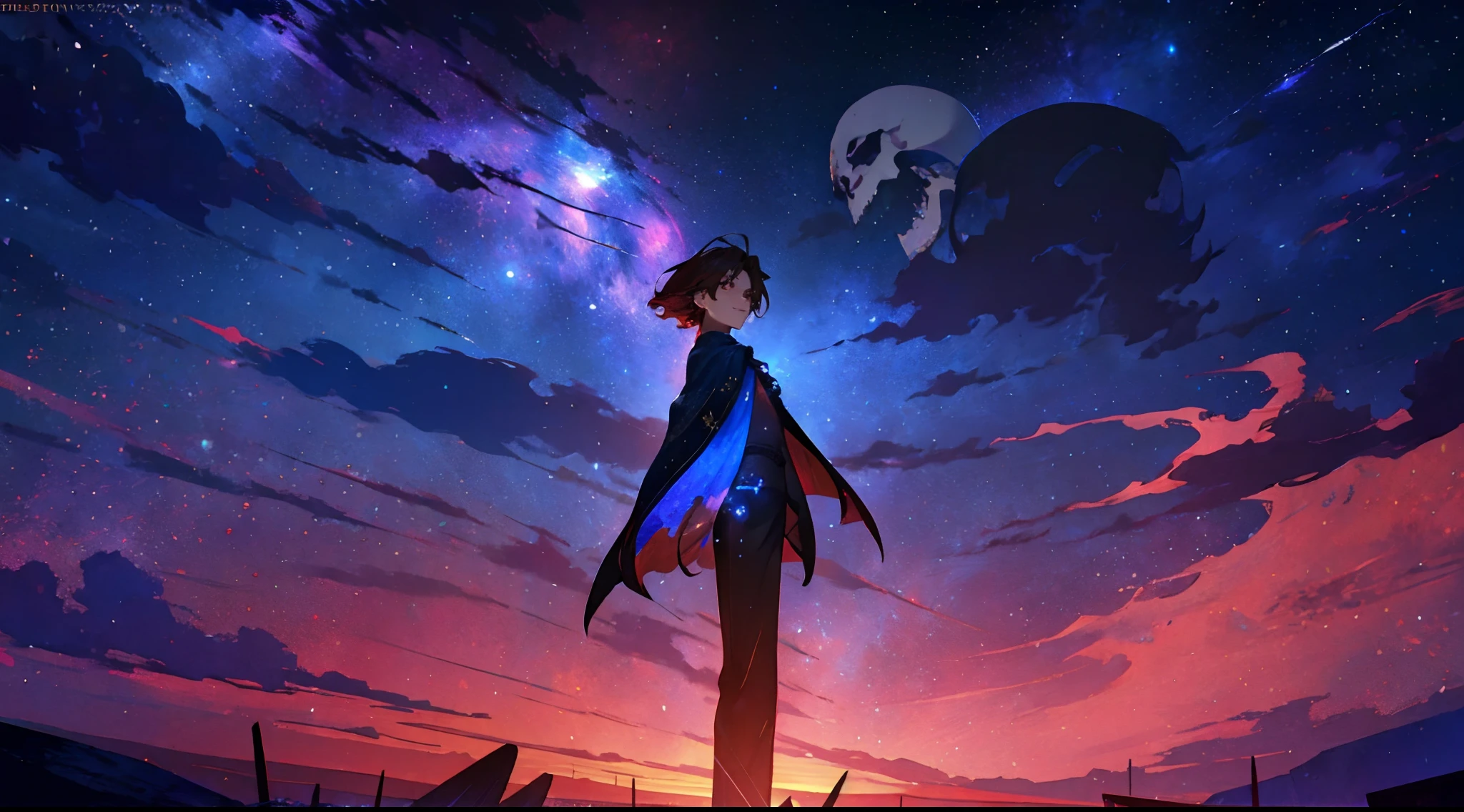 Anime man looking at the stars in the sky, Star(skye) starry_skye, Starry sky, calm night. digital illustration art, Night under the starry sky, Starry sky!!, Moonlit starry sky, anime background art, Shooting star in the background, Anime background, In the clear night sky, background illustration, In the clear, gorgeous night sky, ((tmasterpiece)),(((beste-Qualit))), Close-up of seductive man with brown hair, Grown-up guy, Seductive evil, wearing white shirt, black cloak, black pants Attractive appearance, Subsurface scattering skin, Attractive humanoid, high detail, Skinny fantasy man, Fan art, Art, handsome male, red eyes, smirk, ssmile, fangs, vampire fangs, small pupils, Skinny face, sunken cheeks, Melancholic appearance, sharp chin, Smooth face, earring in the ear, Hair gradient, hair color from brown to red, thin eyebrows, short hair on the side, pixie hairstyle, Wavy Hair, Skeletons around, calavera, Skeletal creatures, dice, A chilling look, Cool dark shades, Additional lighting, A gloomy picture, Black Darkness, An ominous fire in his eyes, A Necromancer, necromancy, Evil Magic, a closeup of a, clouds in the background, black clouds, Red Moon,8k wall paper,extremely beautiful, (Masterpiece, Top Quality, Best Quality, highest detail, highest detail, official arts, beautiody & aesthetics: 1.2), the golden ratio, Complete squad, official arts, Unity 8k壁纸, Super detailed, Beautiful, (s fractal art: 1.4), A huge world of dark purple color,plain,Crystal clear crystal, covered with purple color
