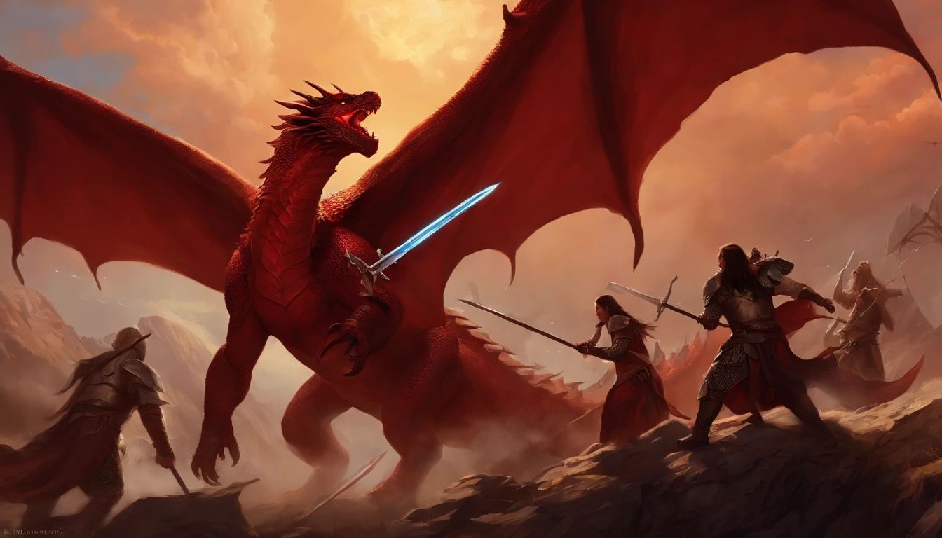Painting of a group of people with swords and red dragon in the sky, battle with dragon, dungeons and dragons art, epic fantasy art, epic fantasy game art, d & D Arte Digital Fantasia, Epic Fantasy Digital Art Style, Dungeons and Dragons Arte de fantasia, d & d fantasy art, epic fantasy painting, d & d fantasia pintura digital, surpreendente d & D arte