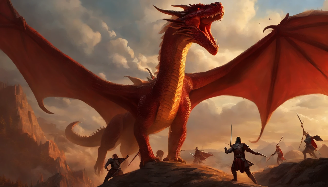 Painting of a group of people with swords and red dragon in the sky, battle with dragon, dungeons and dragons art, epic fantasy art, epic fantasy game art, d & D Arte Digital Fantasia, Epic Fantasy Digital Art Style, Dungeons and Dragons Arte de fantasia, d & d fantasy art, epic fantasy painting, d & d fantasia pintura digital, surpreendente d & D arte