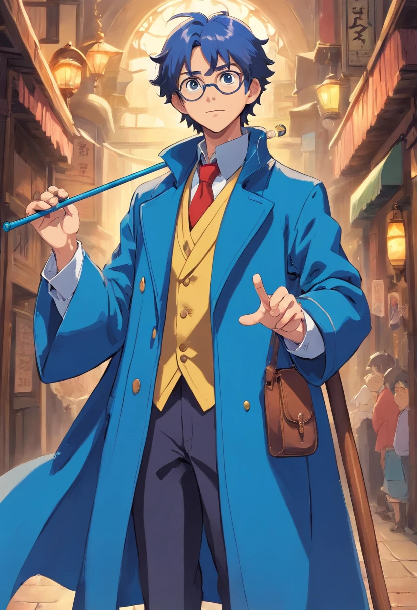 boy, magician, long blue coat, mask, magic cane, (masterpiece), best quality, expressive eyes, perfect face, full body